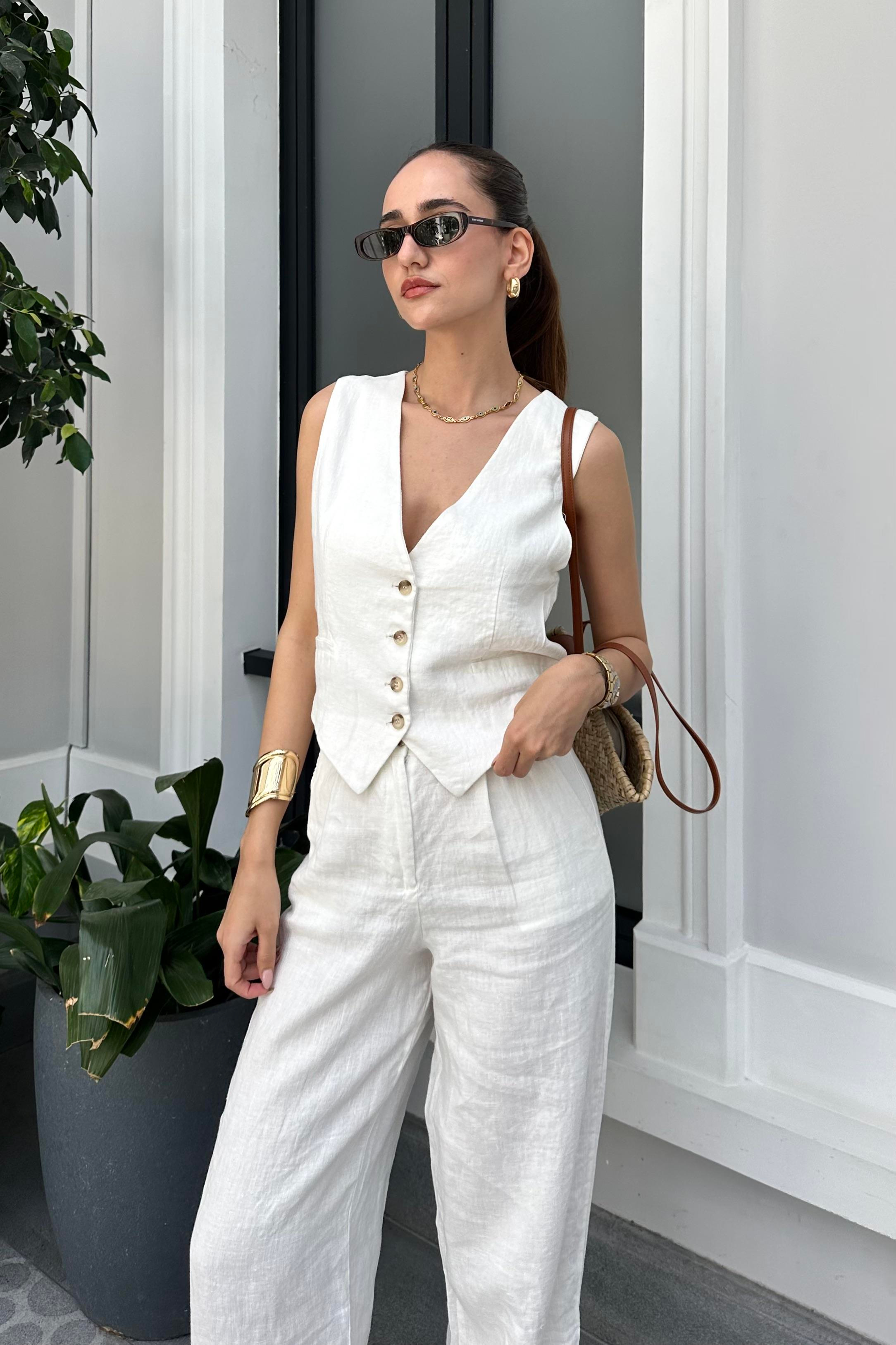 Beyaz Premium Ham Keten Yelek - Kadın Vests Modelleri - Nazliye Moda - Kadın Giyim Modası