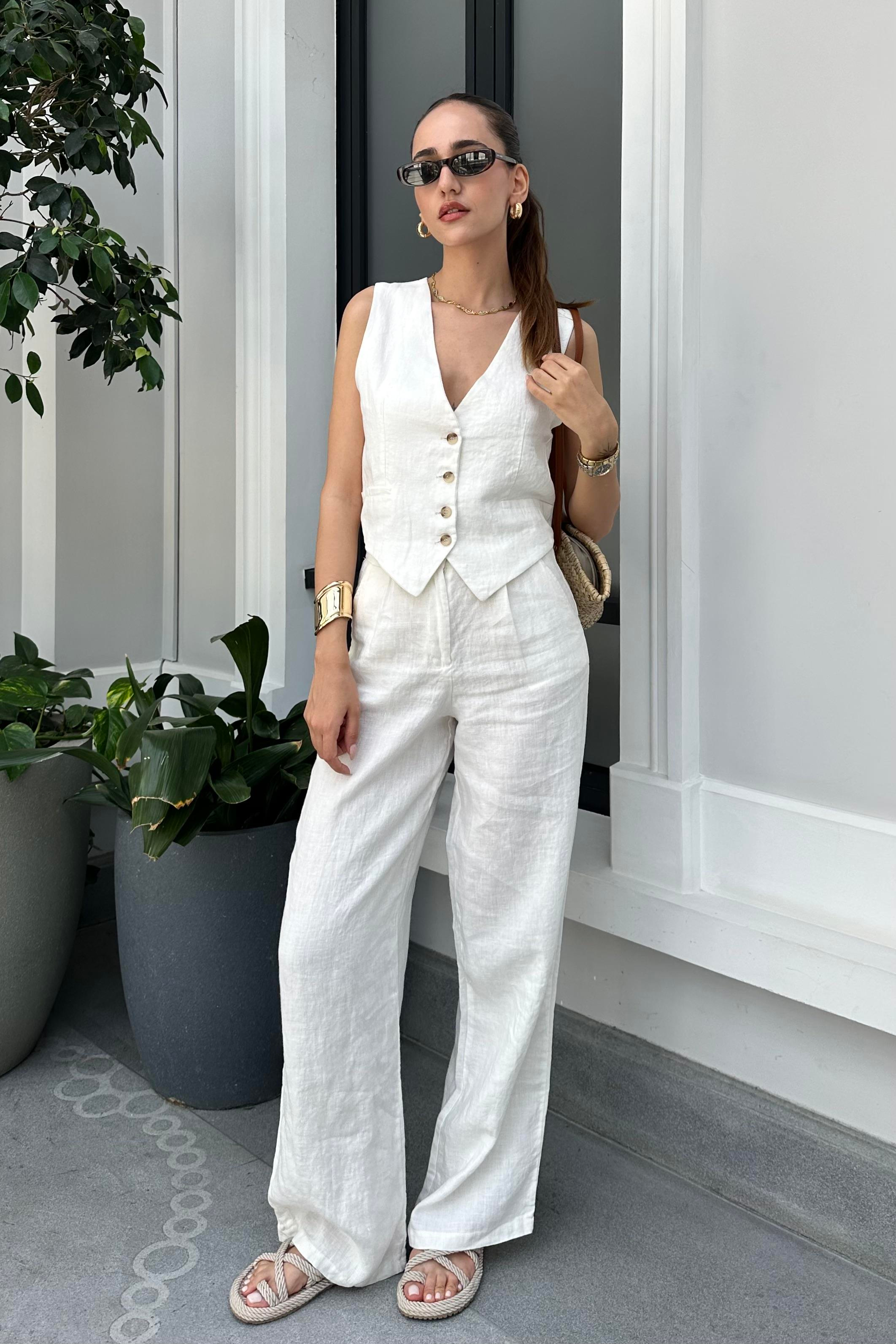 Beyaz Premium Ham Keten Yelek - Kadın Vests Modelleri - Nazliye Moda - Kadın Giyim Modası