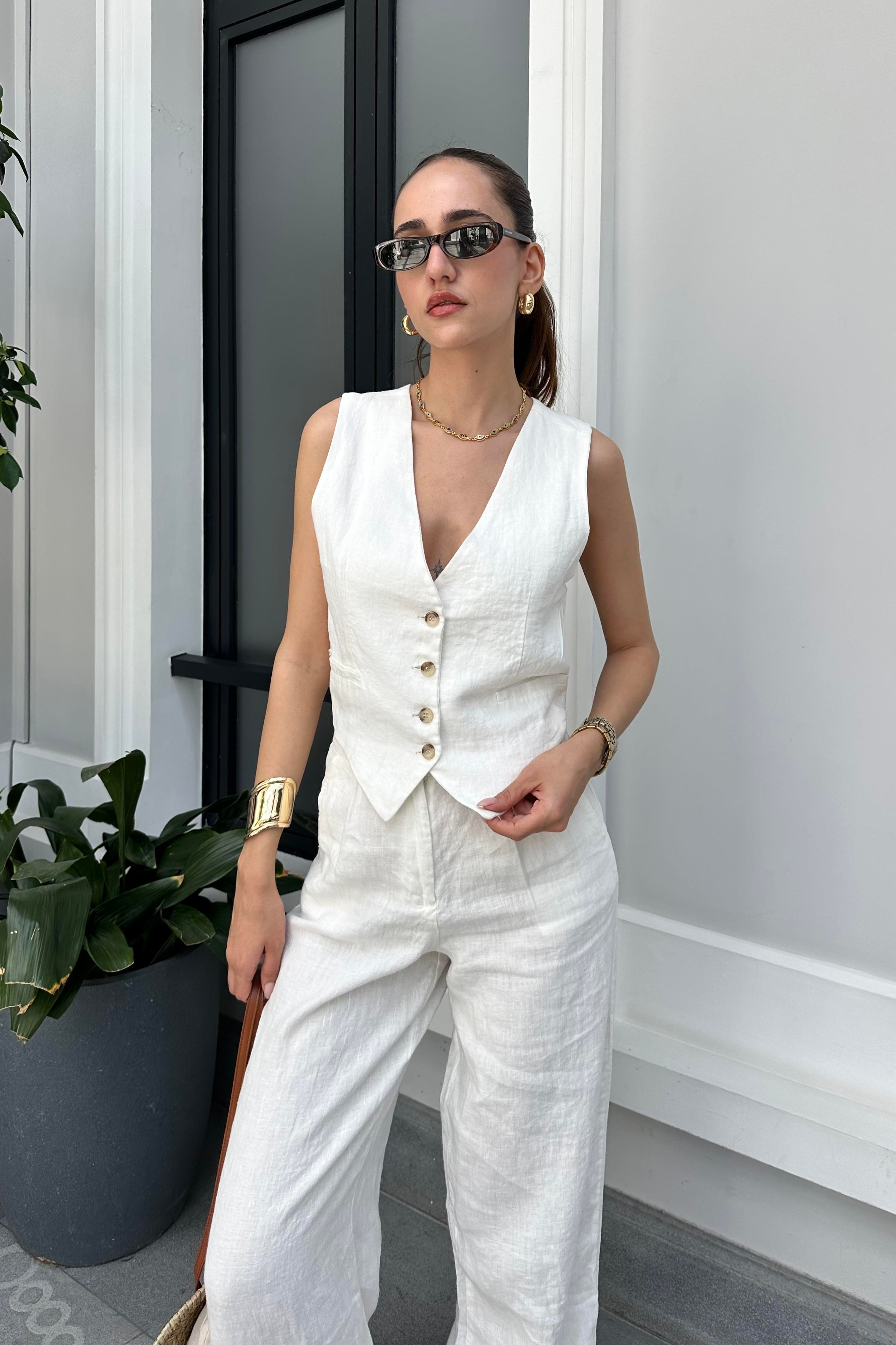 Beyaz Premium Ham Keten Yelek - Kadın Vests Modelleri - Nazliye Moda - Kadın Giyim Modası