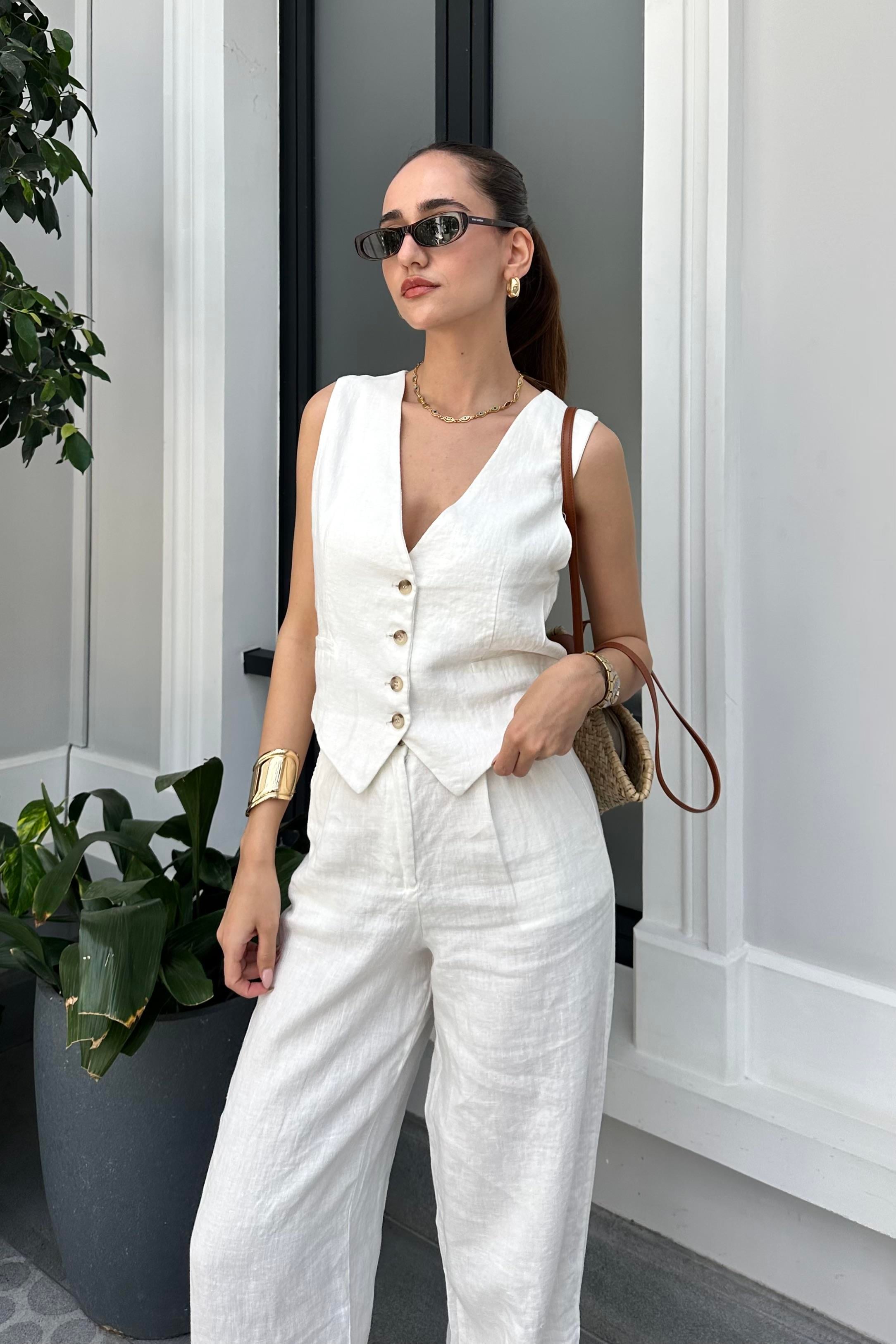 Beyaz Premium Keten Takım - Kadın Takım Modelleri - Nazliye Moda - Kadın Giyim Modası