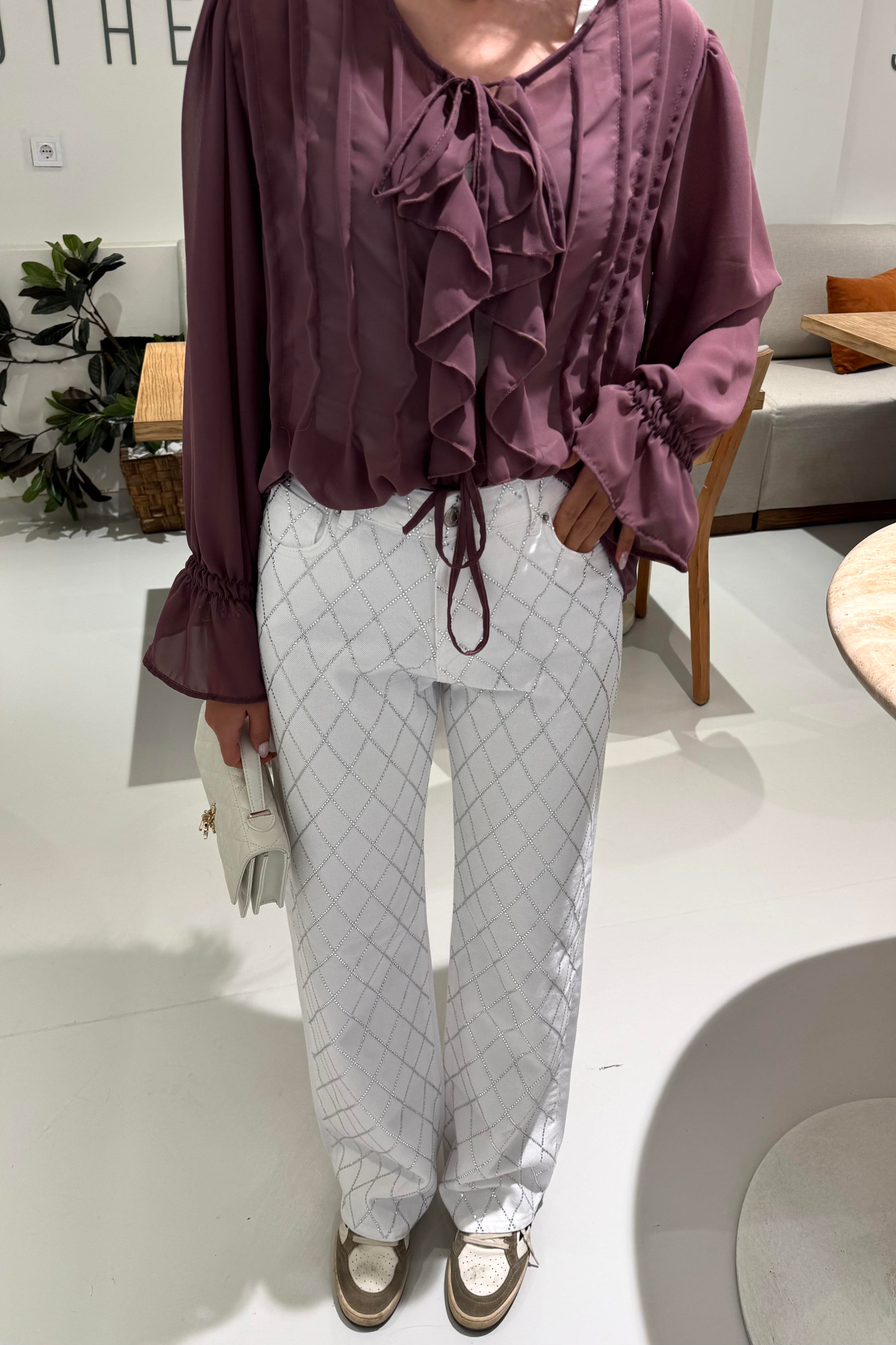 Beyaz Taşlı Premium Jean - Kadın Jean Modelleri - Nazliye Moda | Kadın Giyim Modası