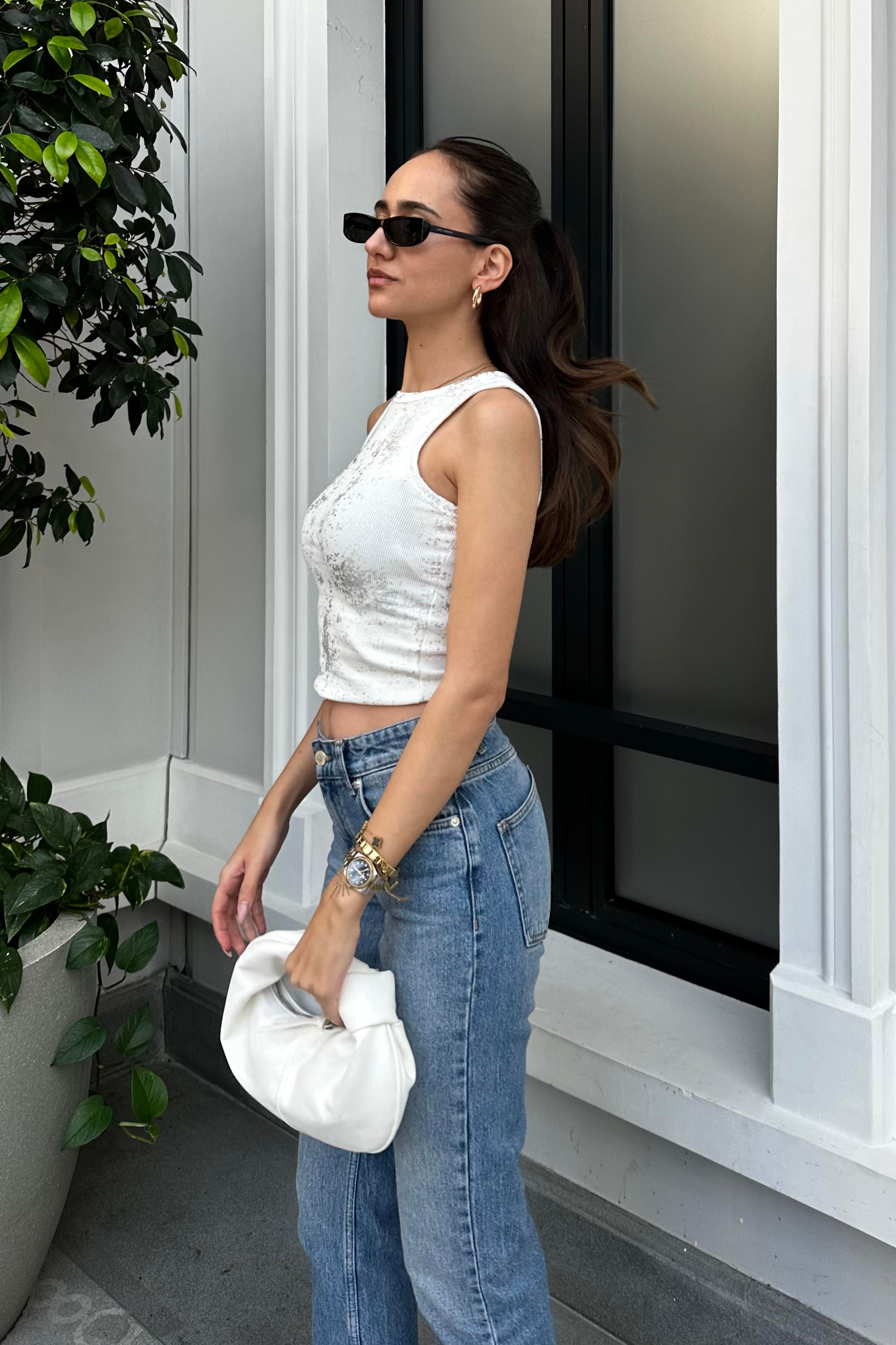 Beyaz Varak Baskı Basic Crop - Kadın Body & Crop Tops Modelleri - Nazliye Moda - Kadın Giyim Modası