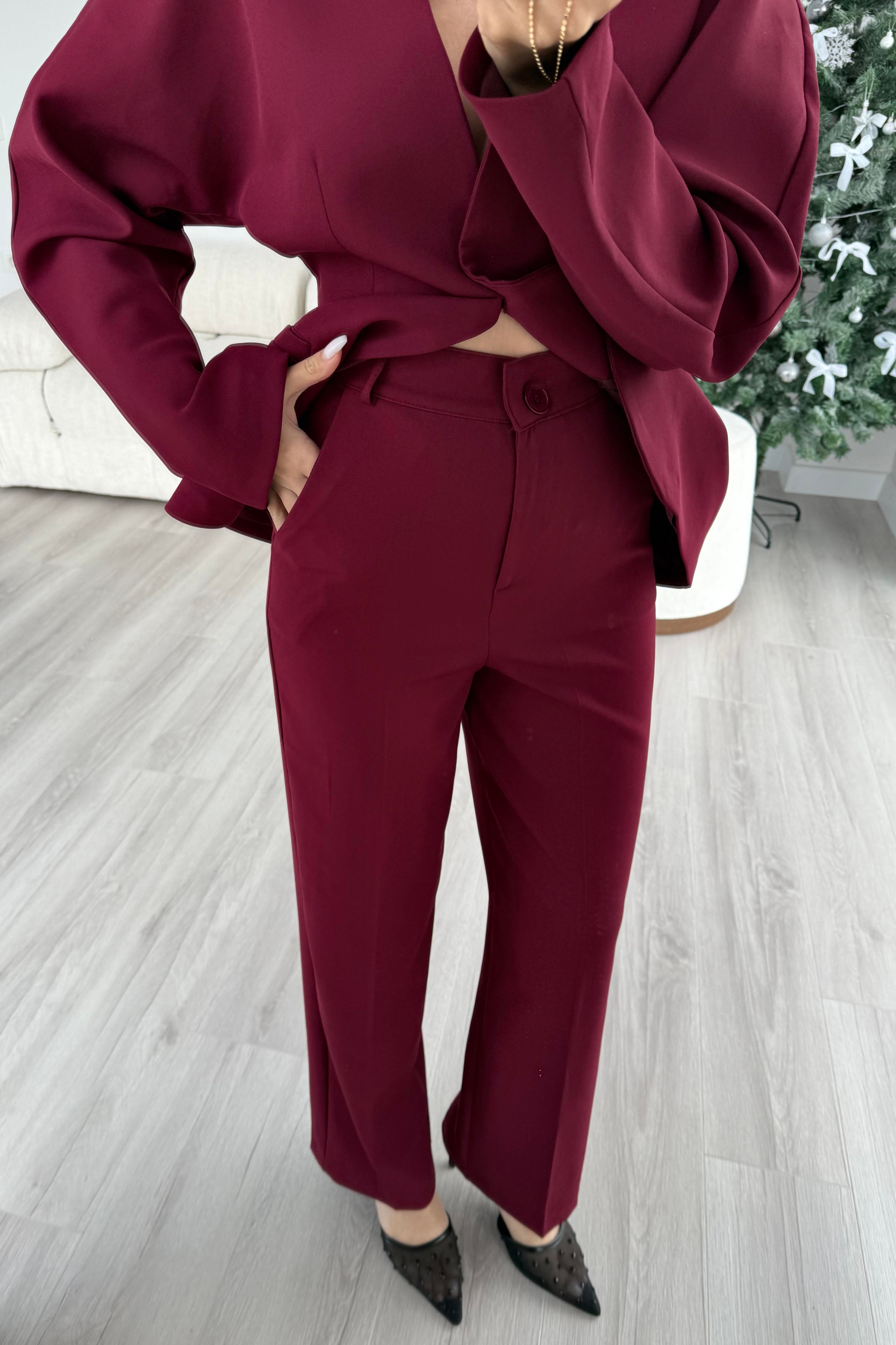 Bordo Belden Oturma Premium Takım - Kadın Takım Modelleri - Nazliye Moda | Kadın Giyim Modası