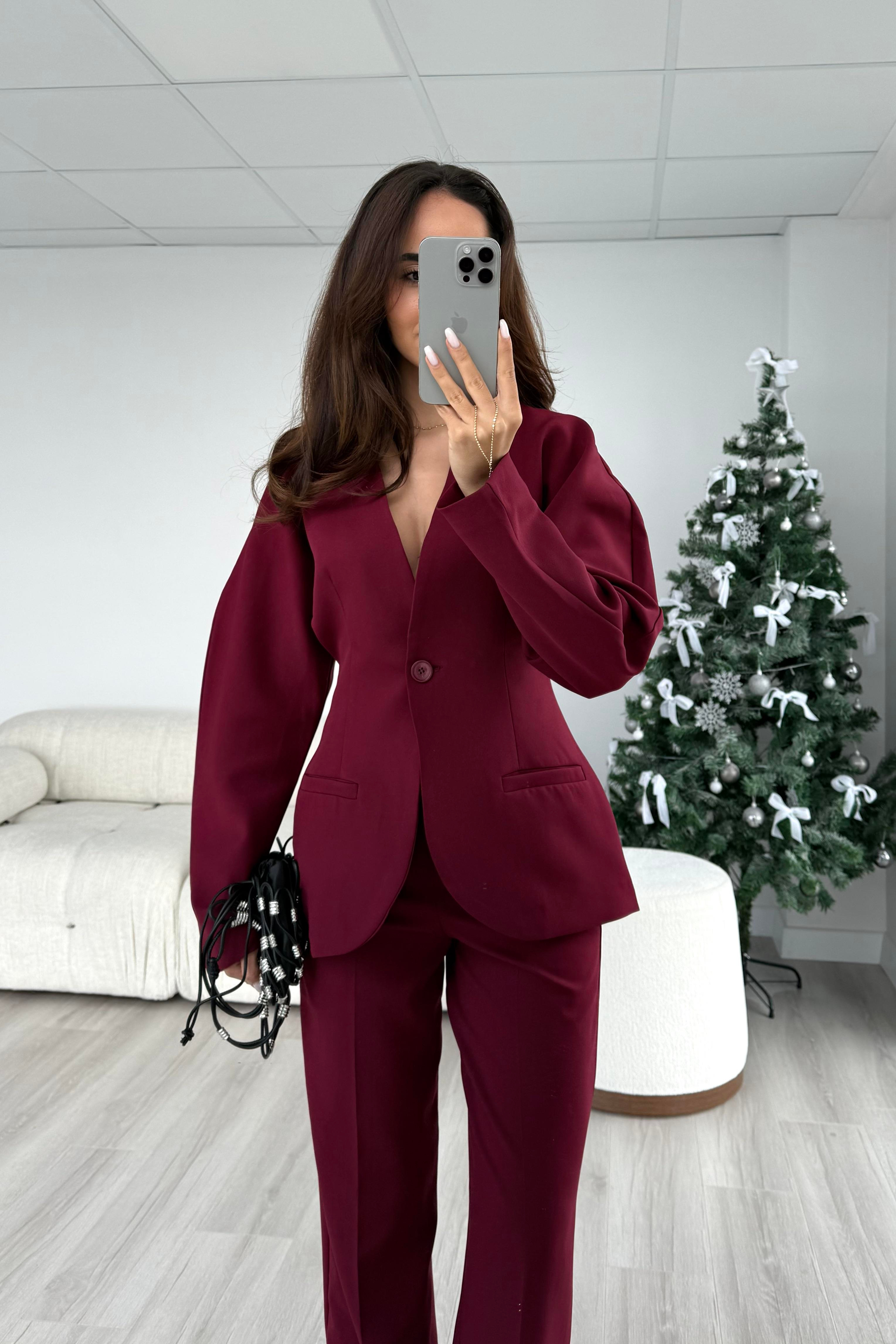 Bordo Belden Oturma Premium Takım - Kadın Takım Modelleri - Nazliye Moda | Kadın Giyim Modası