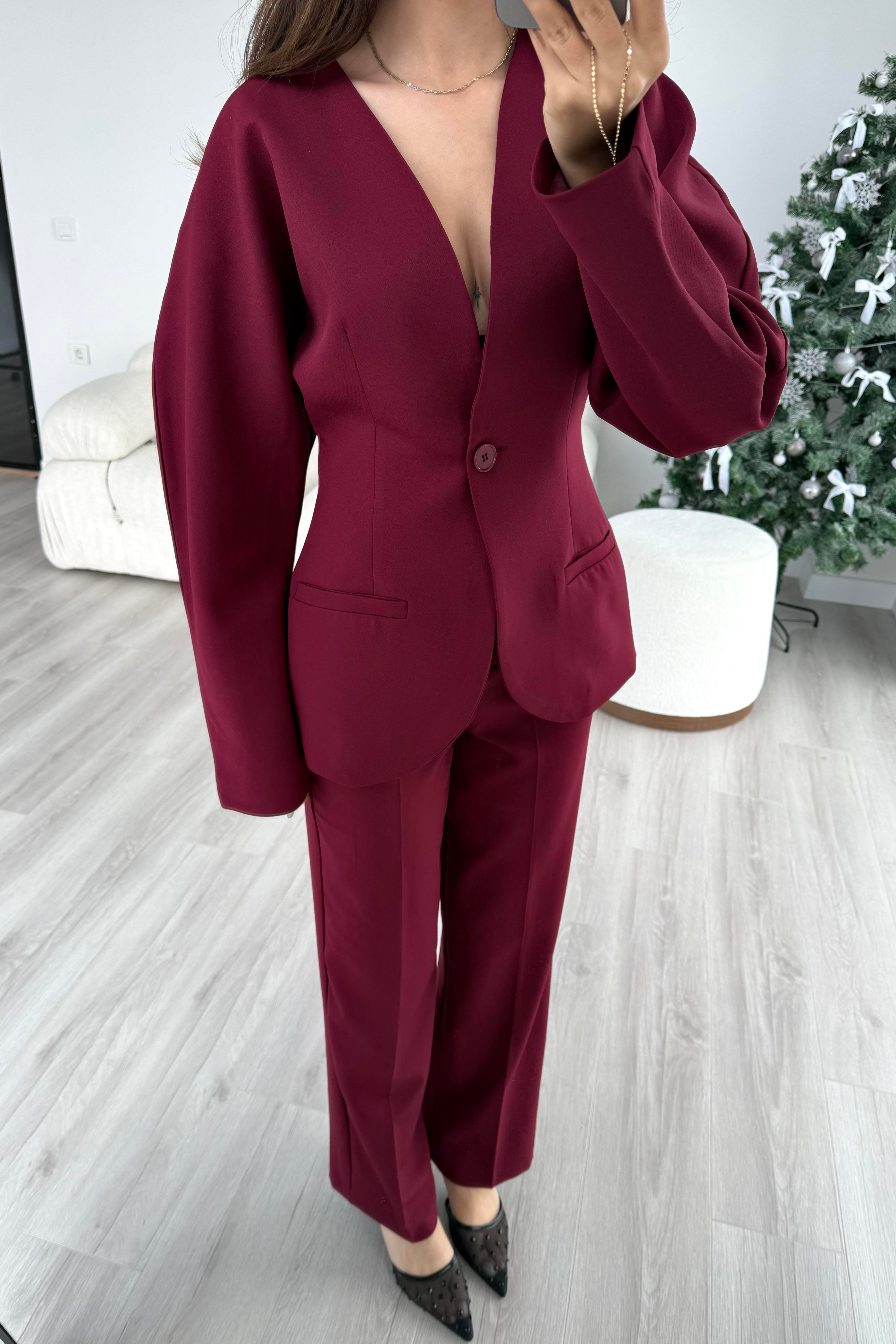 Bordo Belden Oturma Premium Takım - Kadın Takım Modelleri - Nazliye Moda | Kadın Giyim Modası