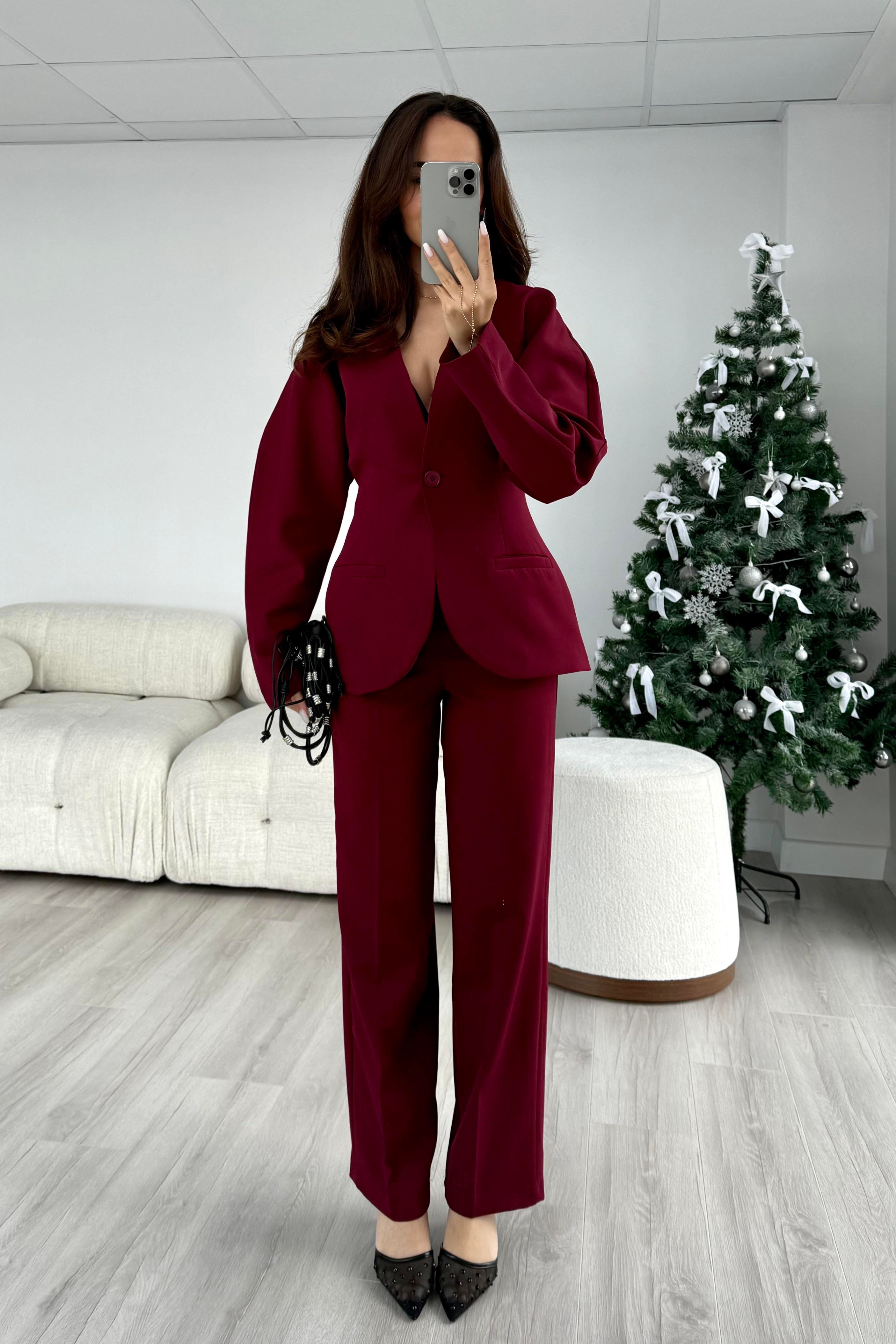 Bordo Belden Oturma Premium Takım - Kadın Takım Modelleri - Nazliye Moda | Kadın Giyim Modası