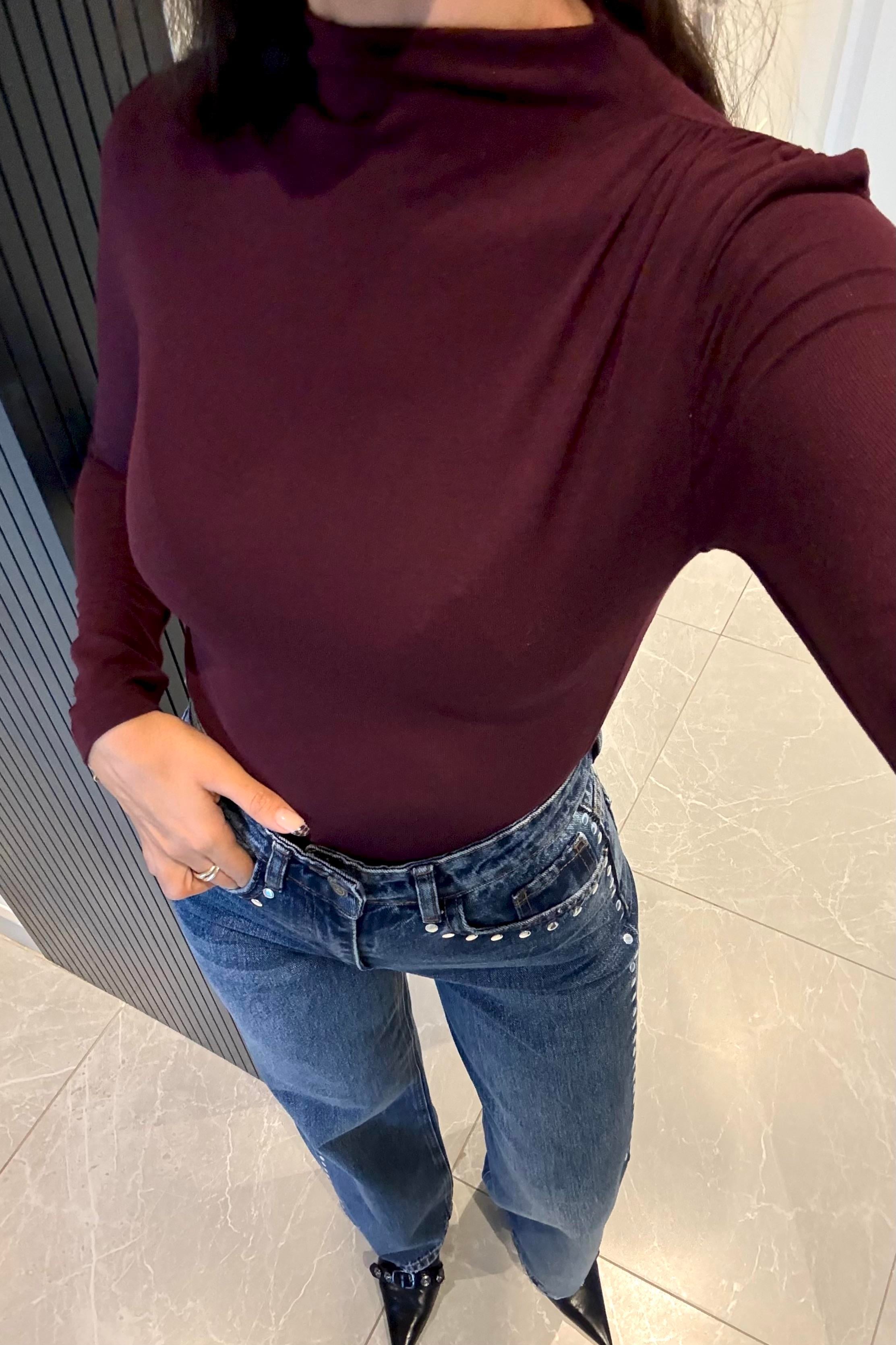 Bordo Büzgülü Dekolte Basic Bluz - Kadın Blouses Modelleri - Nazliye Moda | Kadın Giyim Modası