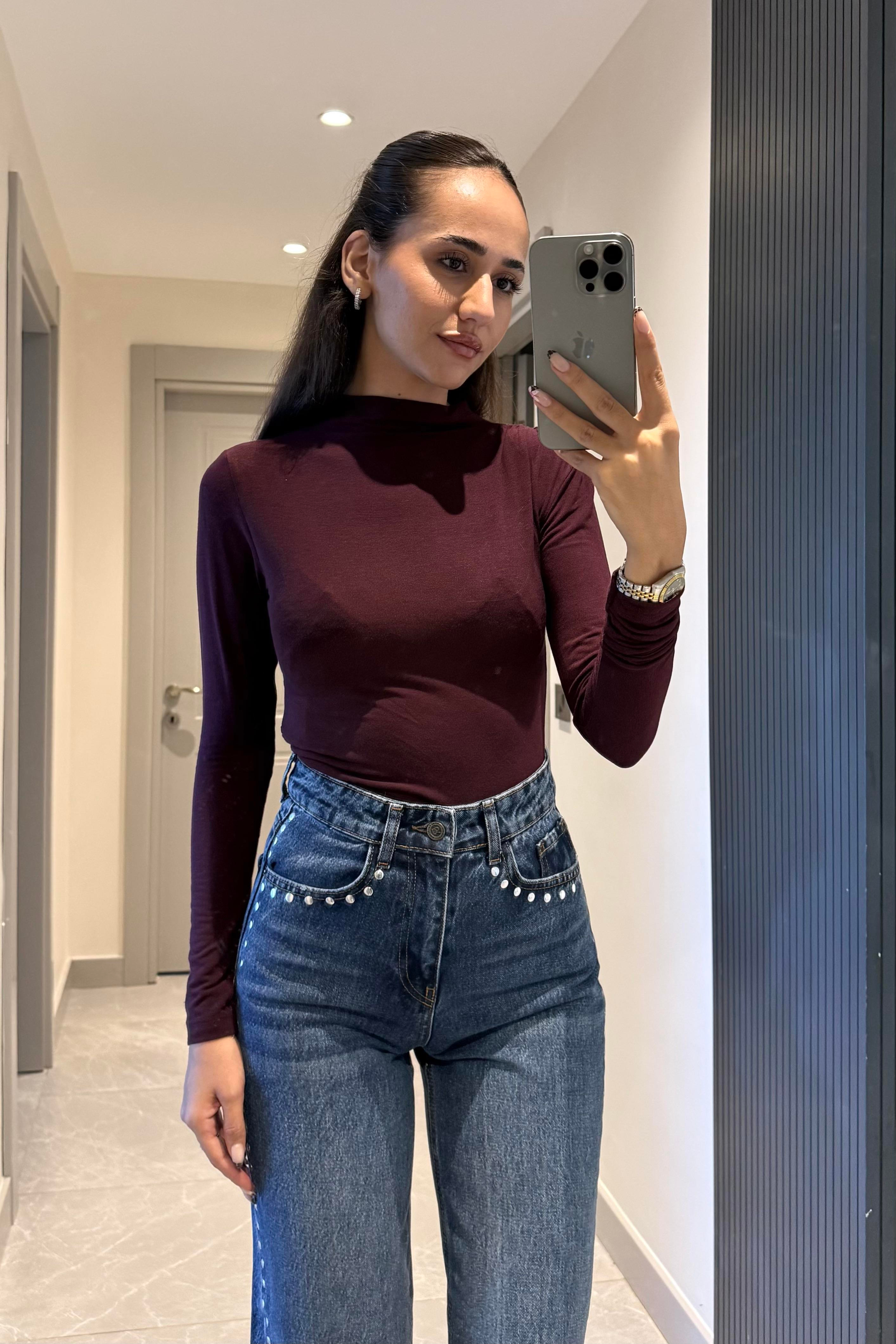 Bordo Büzgülü Dekolte Basic Bluz - Kadın Blouses Modelleri - Nazliye Moda | Kadın Giyim Modası