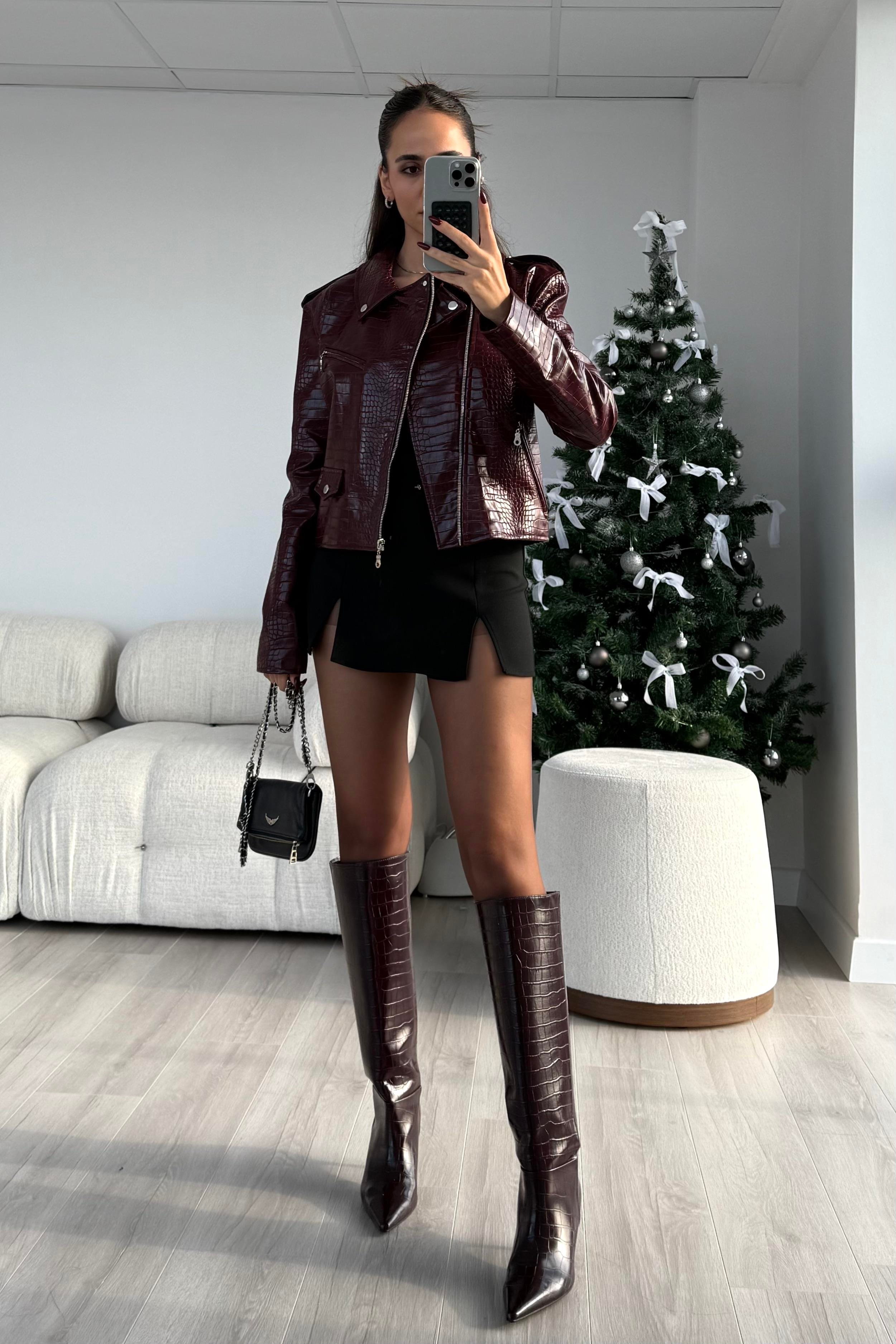 Bordo Crocodile Desen Deri Ceket - Kadın Jackets Modelleri - Nazliye Moda | Kadın Giyim Modası
