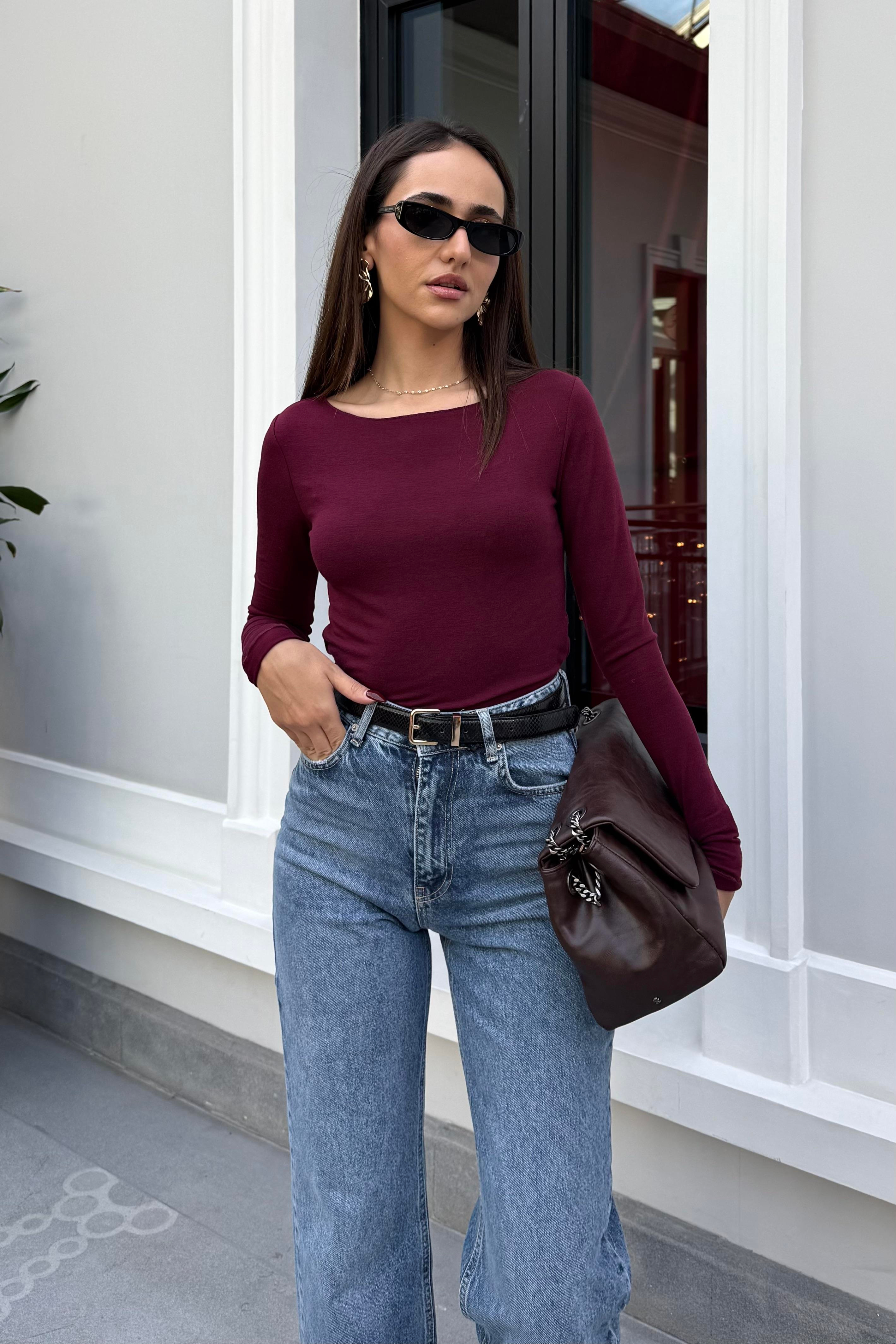 Bordo Dekolte Basic Bluz - Kadın Blouses Modelleri - Nazliye Moda | Kadın Giyim Modası