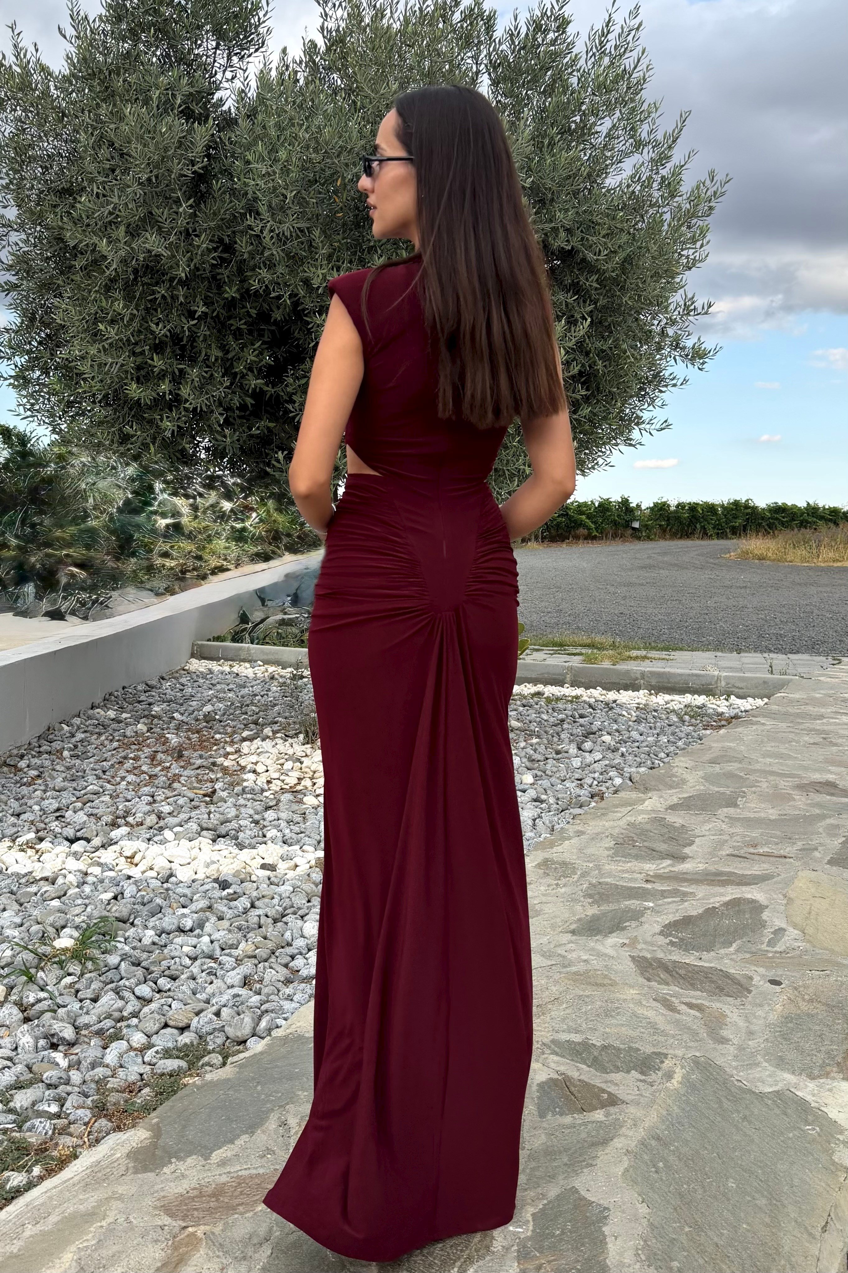 Bordo Kolsuz Bel Dekolteli Drape Uzun Elbise - Kadın Elbise Modelleri - Nazliye Moda | Kadın Giyim Modası