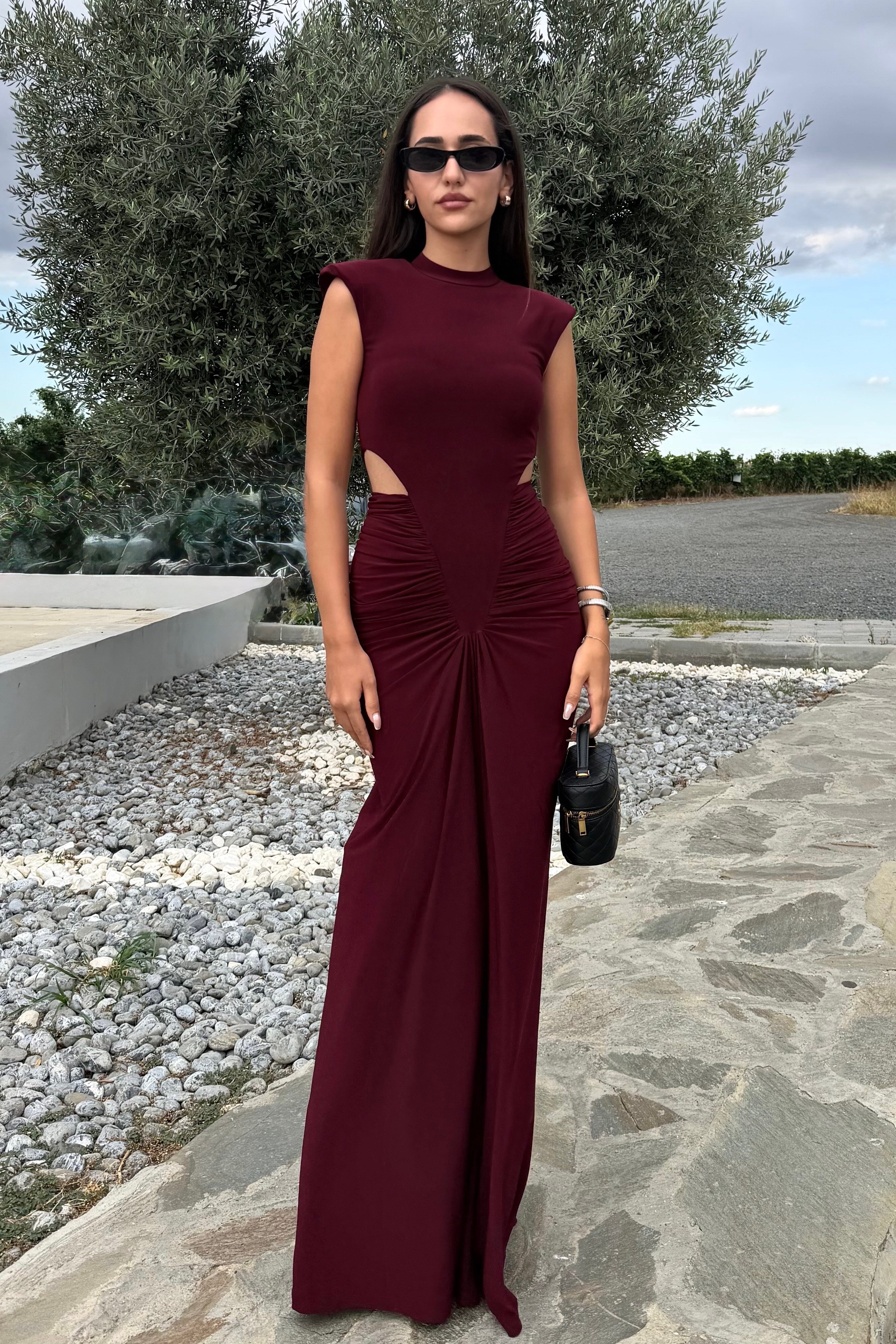 Bordo Kolsuz Bel Dekolteli Drape Uzun Elbise - Kadın Elbise Modelleri - Nazliye Moda | Kadın Giyim Modası