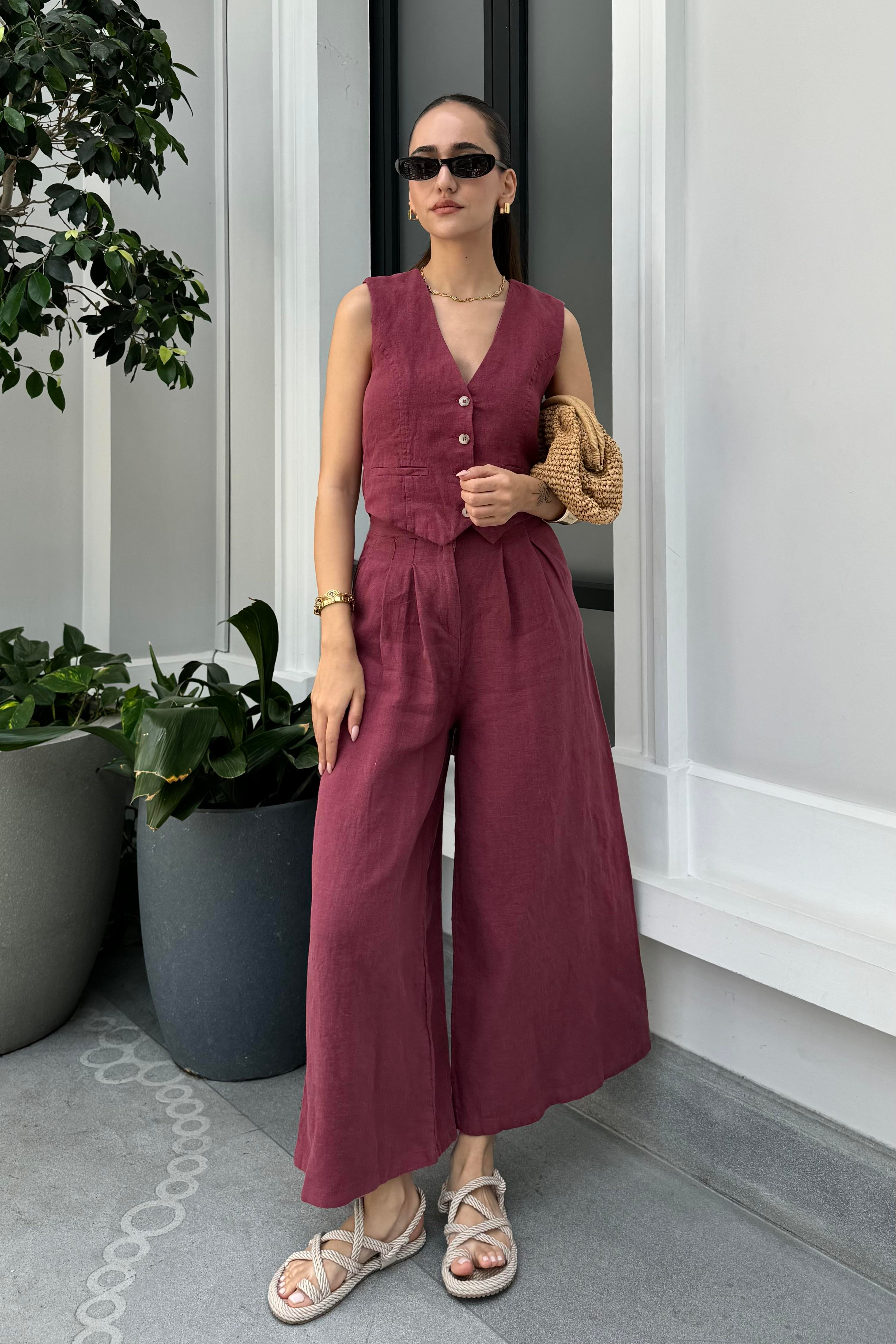 Bordo Premium Ham Keten Yelek - Kadın Vests Modelleri - Nazliye Moda | Kadın Giyim Modası
