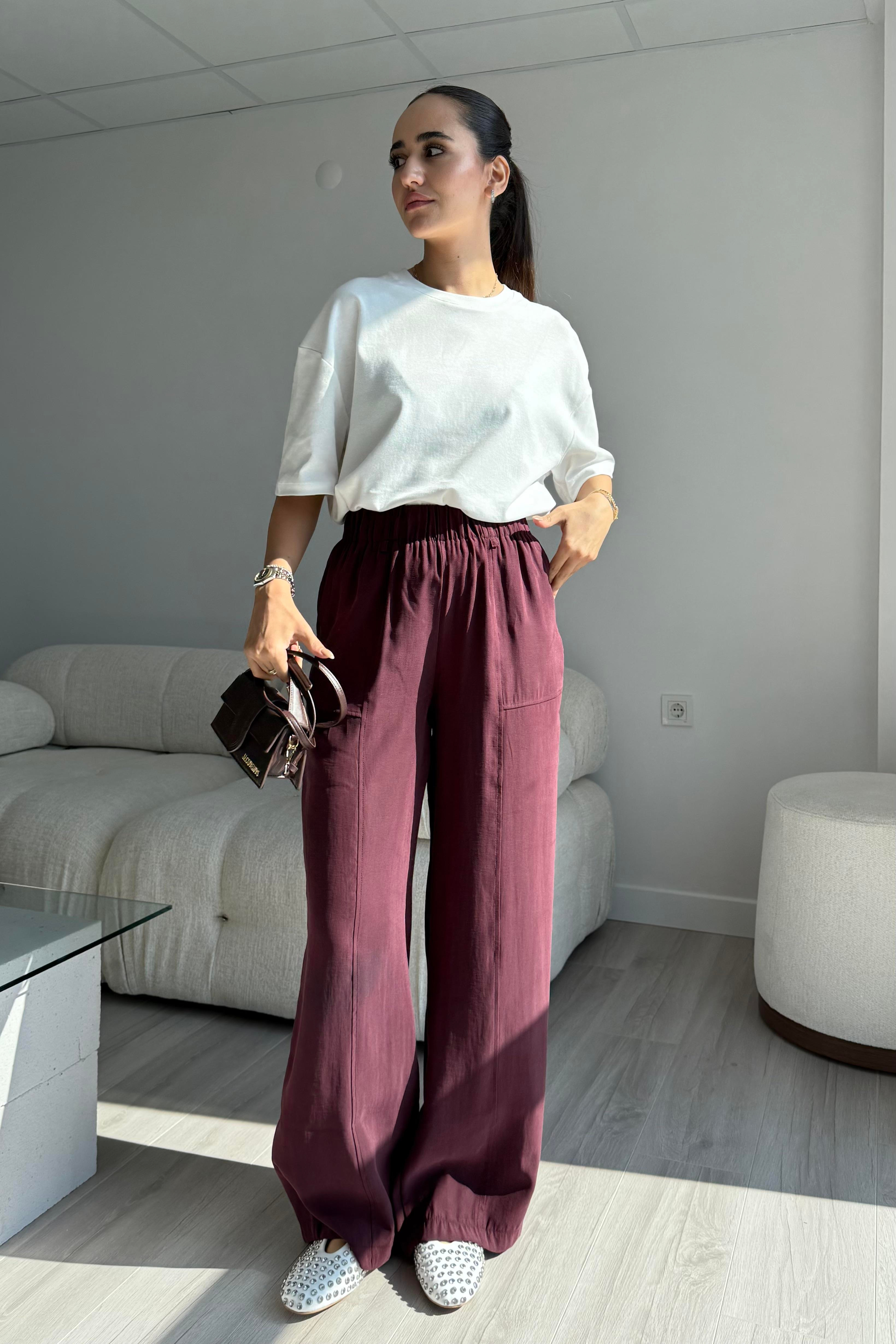 Bordo Relax Modal Pantolon - Kadın Trousers Modelleri - Nazliye Moda | Kadın Giyim Modası