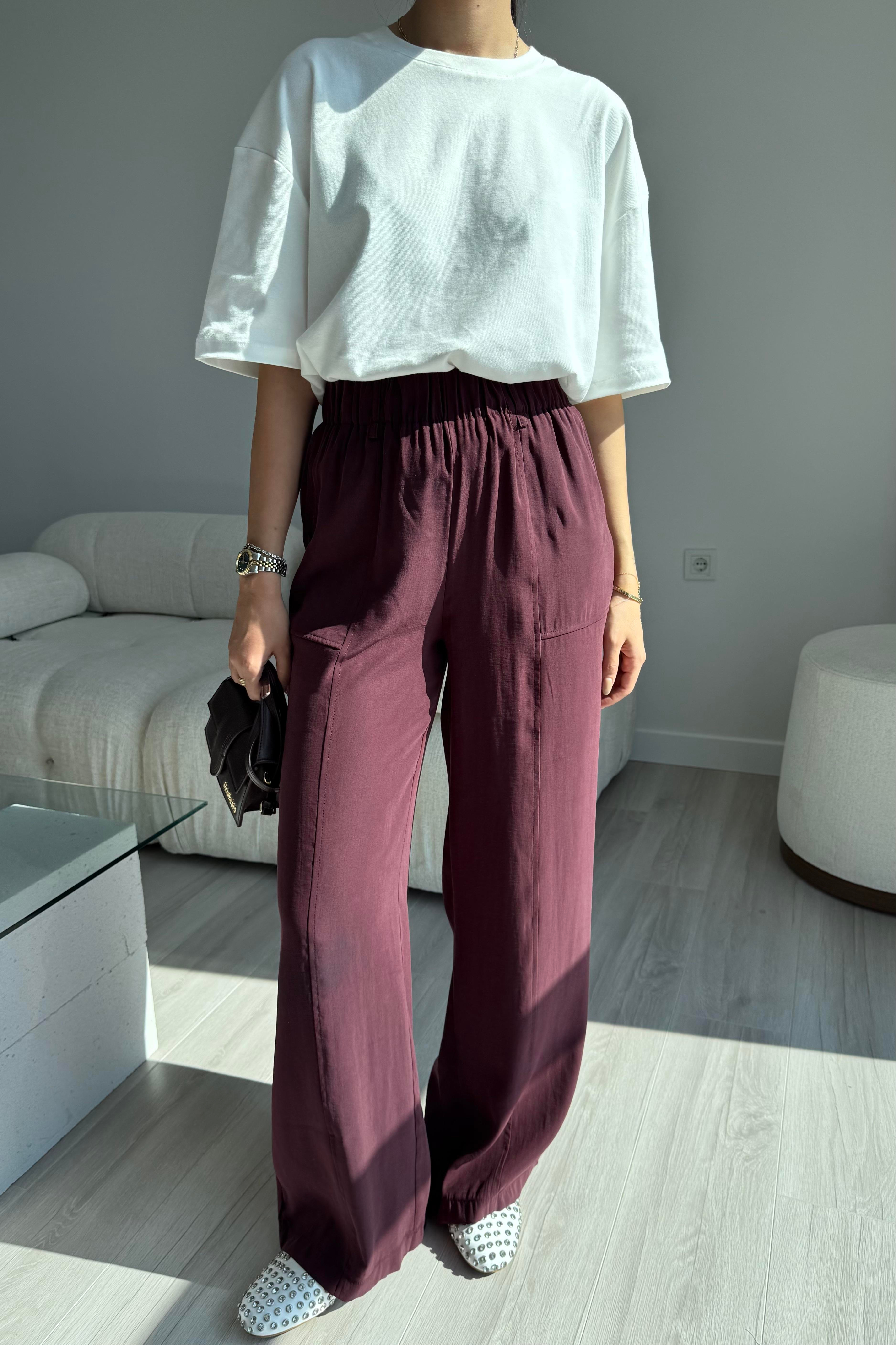 Bordo Relax Modal Pantolon - Kadın Trousers Modelleri - Nazliye Moda | Kadın Giyim Modası