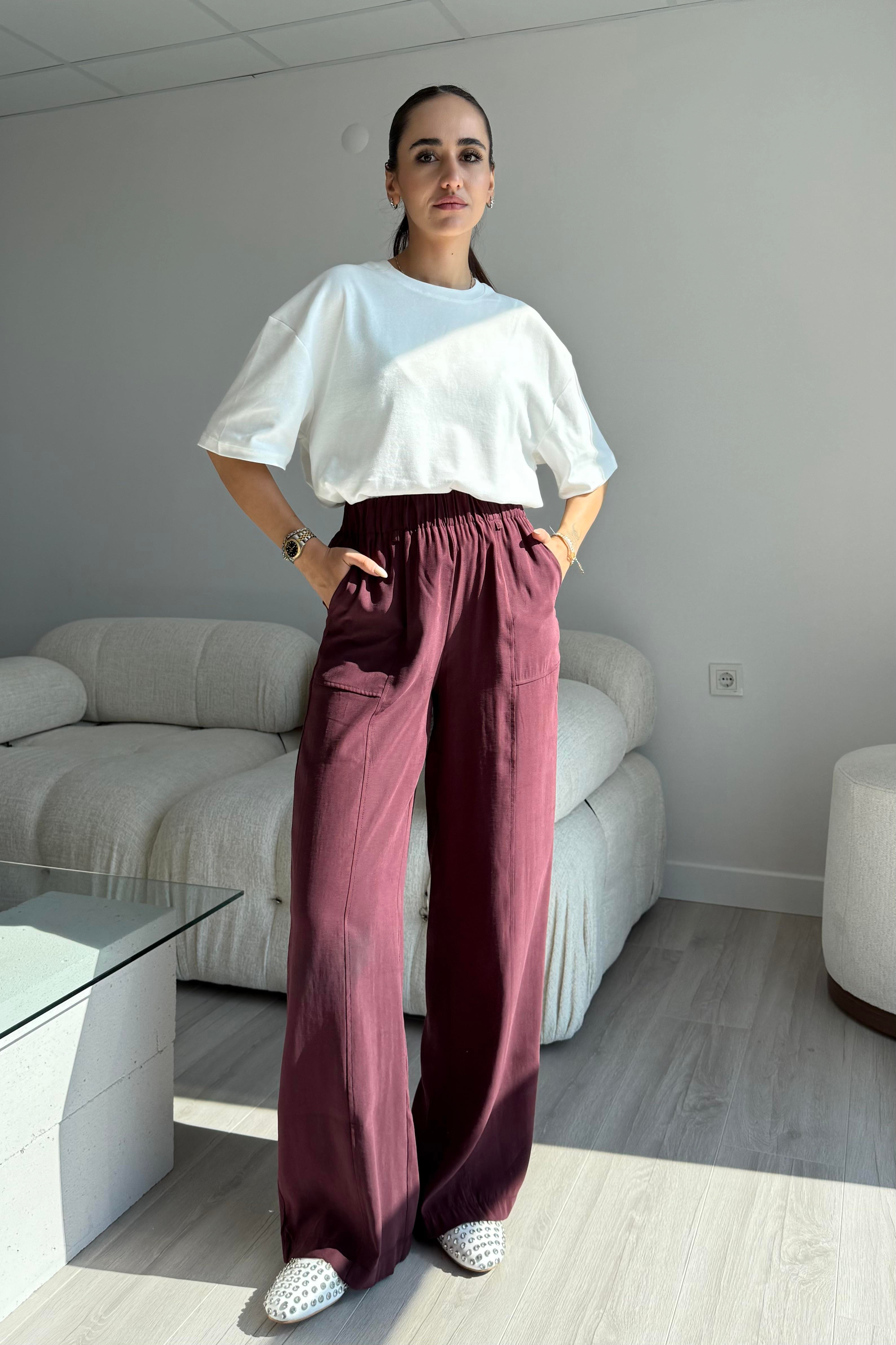 Bordo Relax Modal Pantolon - Kadın Trousers Modelleri - Nazliye Moda | Kadın Giyim Modası