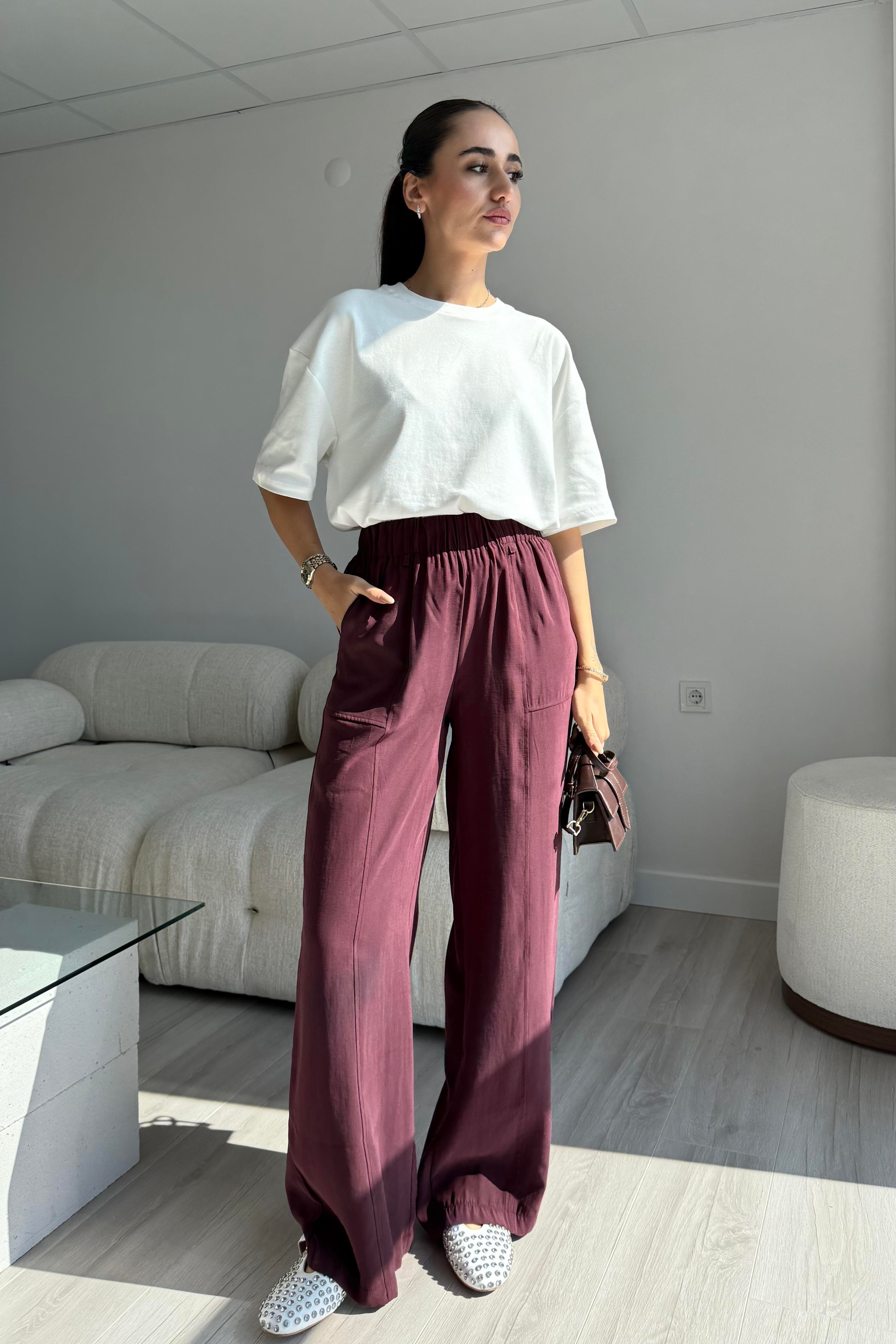 Bordo Relax Modal Pantolon - Kadın Trousers Modelleri - Nazliye Moda | Kadın Giyim Modası
