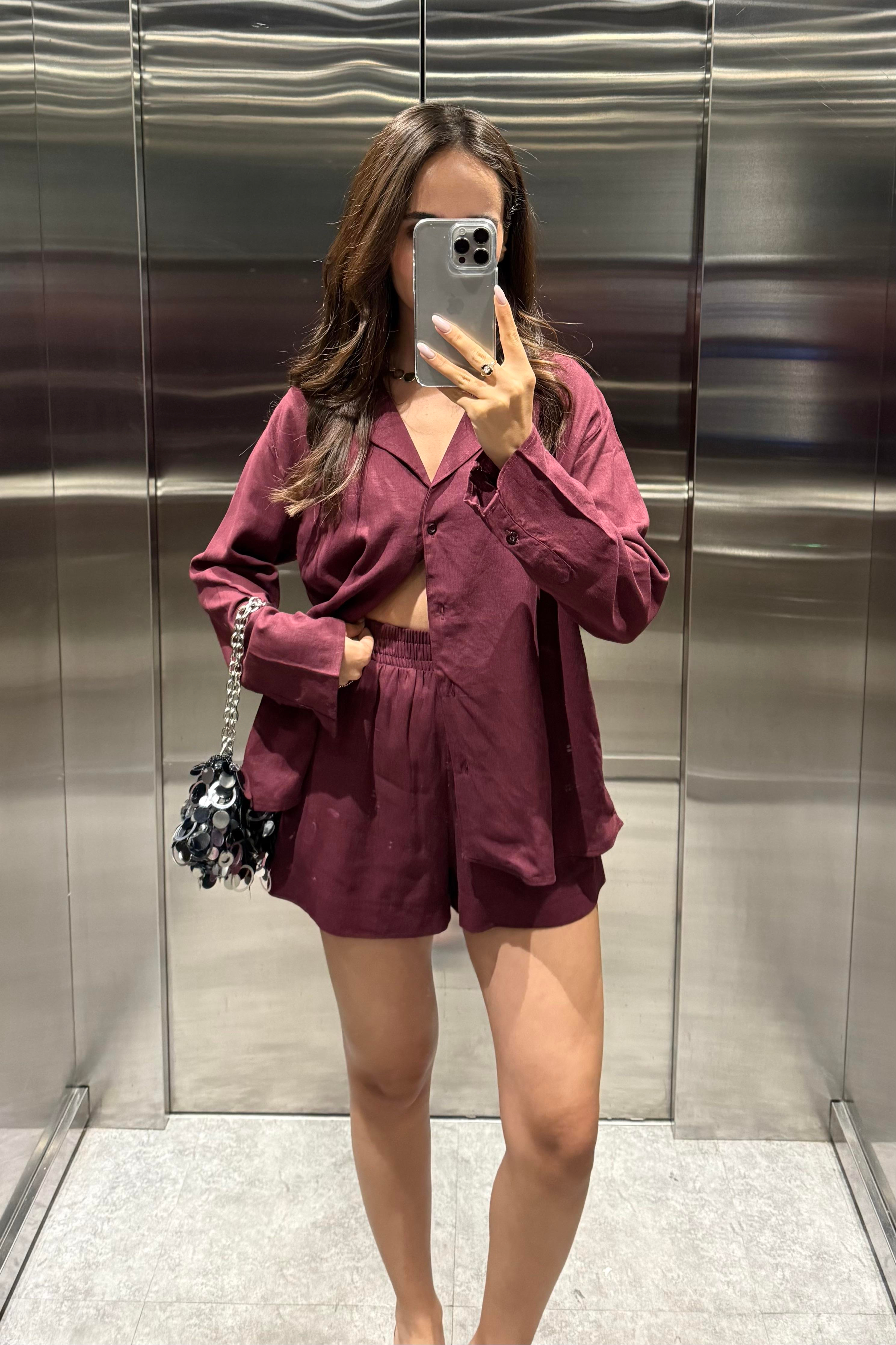 Bordo Şort Gömlek Ham Keten Takım - Kadın Takım Modelleri - Nazliye Moda | Kadın Giyim Modası