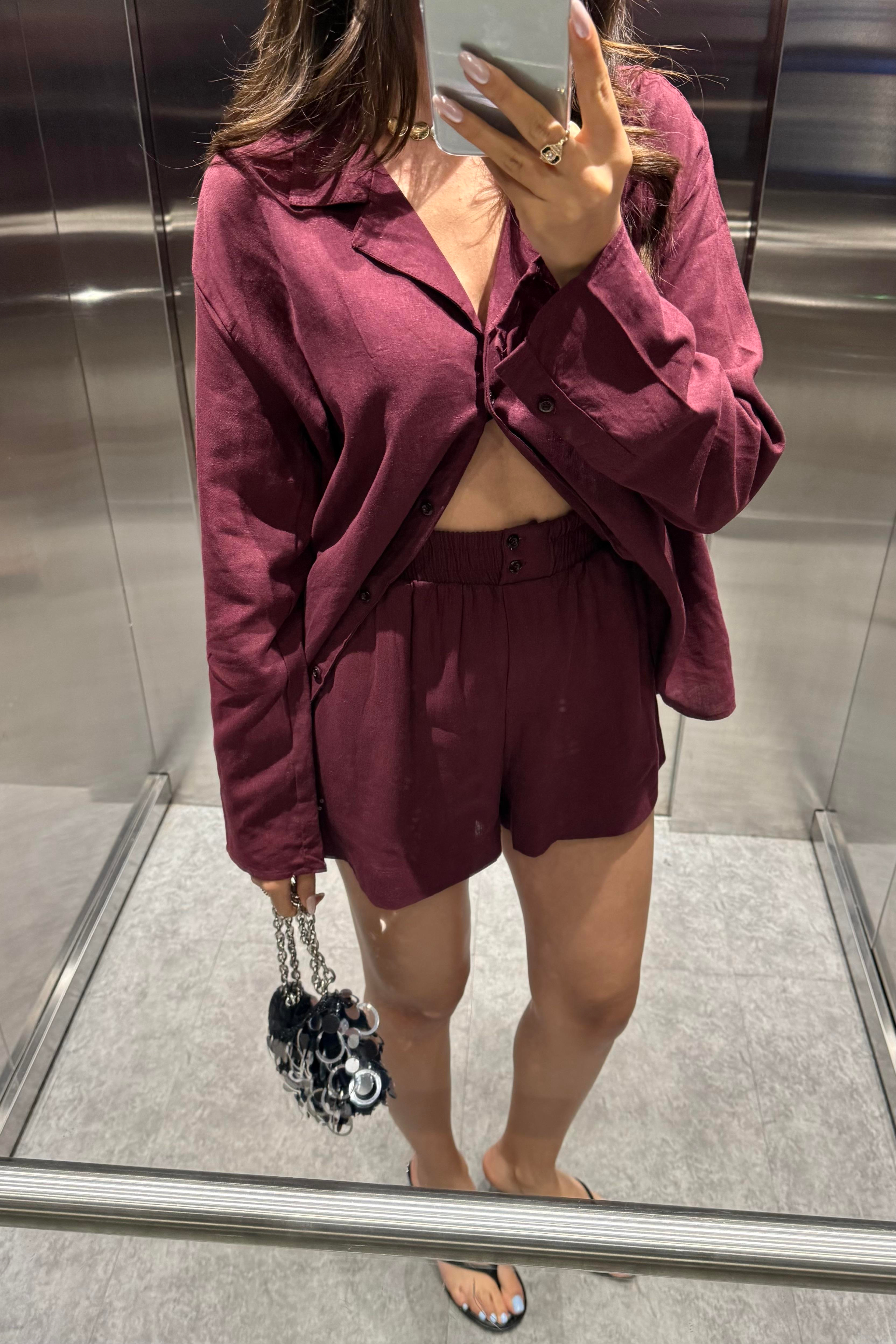 Bordo Şort Gömlek Ham Keten Takım - Kadın Takım Modelleri - Nazliye Moda | Kadın Giyim Modası