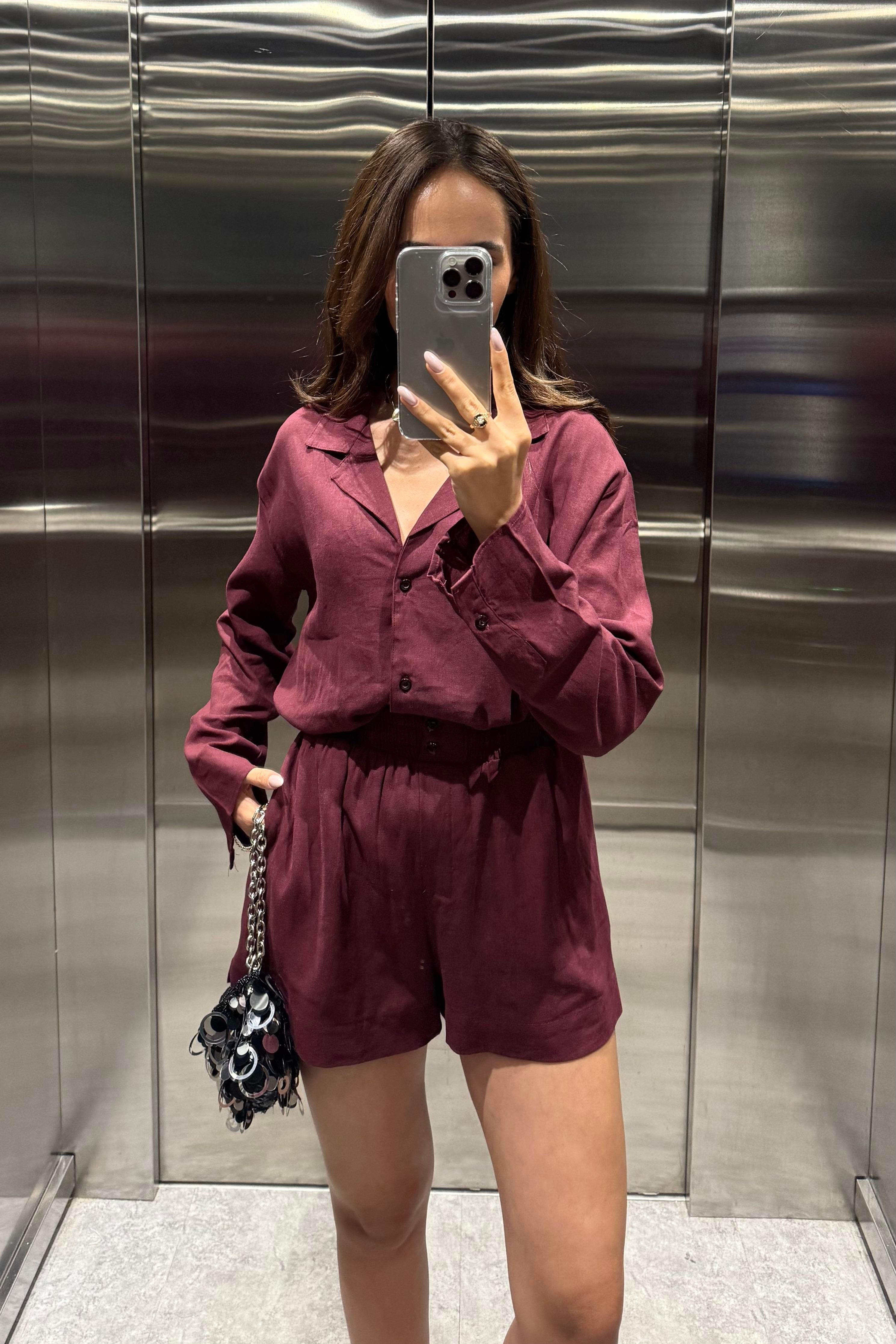 Bordo Şort Gömlek Ham Keten Takım - Kadın Takım Modelleri - Nazliye Moda | Kadın Giyim Modası