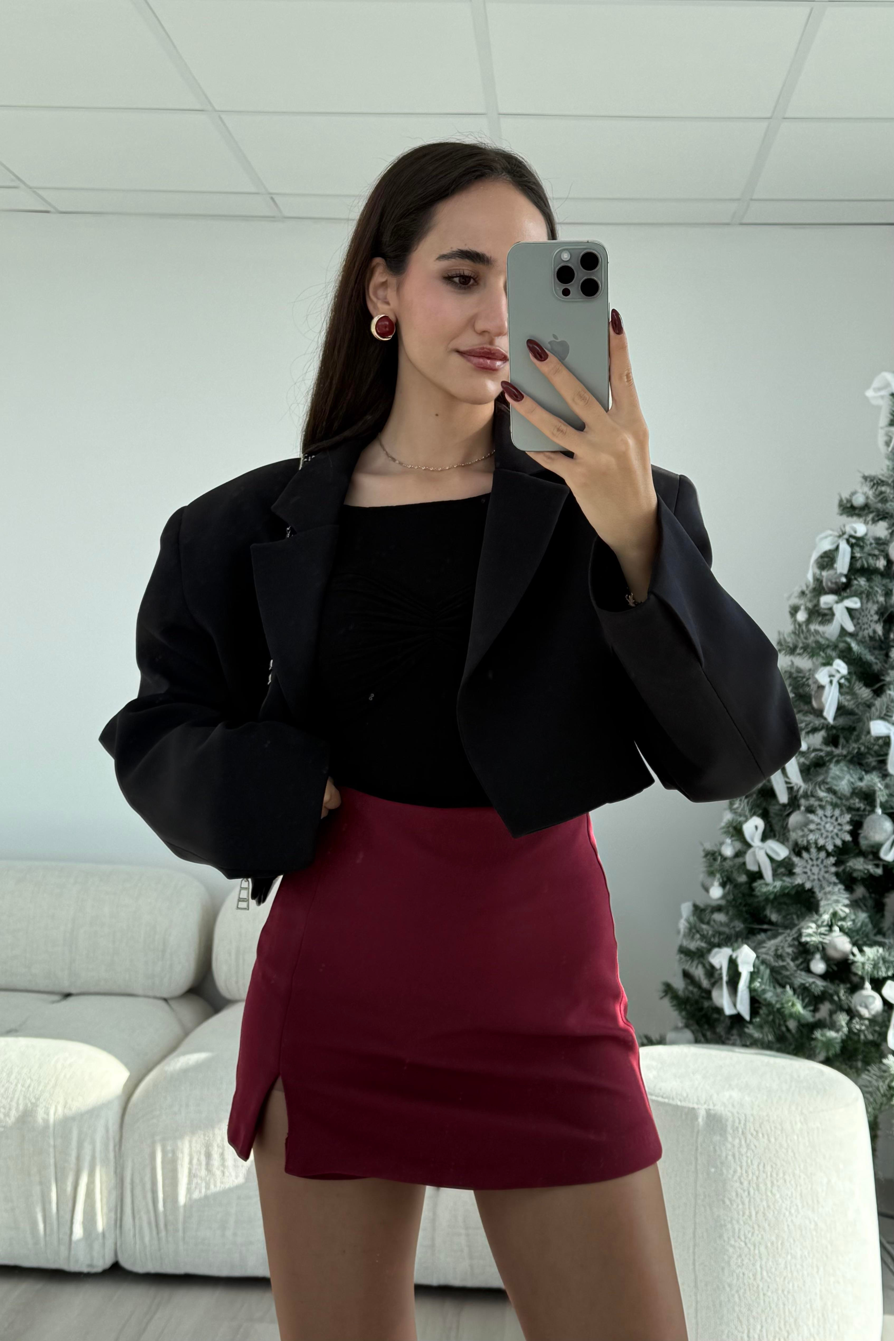 Bordo Tek Yırtmaç Şort Etek - Kadın Skirts Modelleri - Nazliye Moda | Kadın Giyim Modası