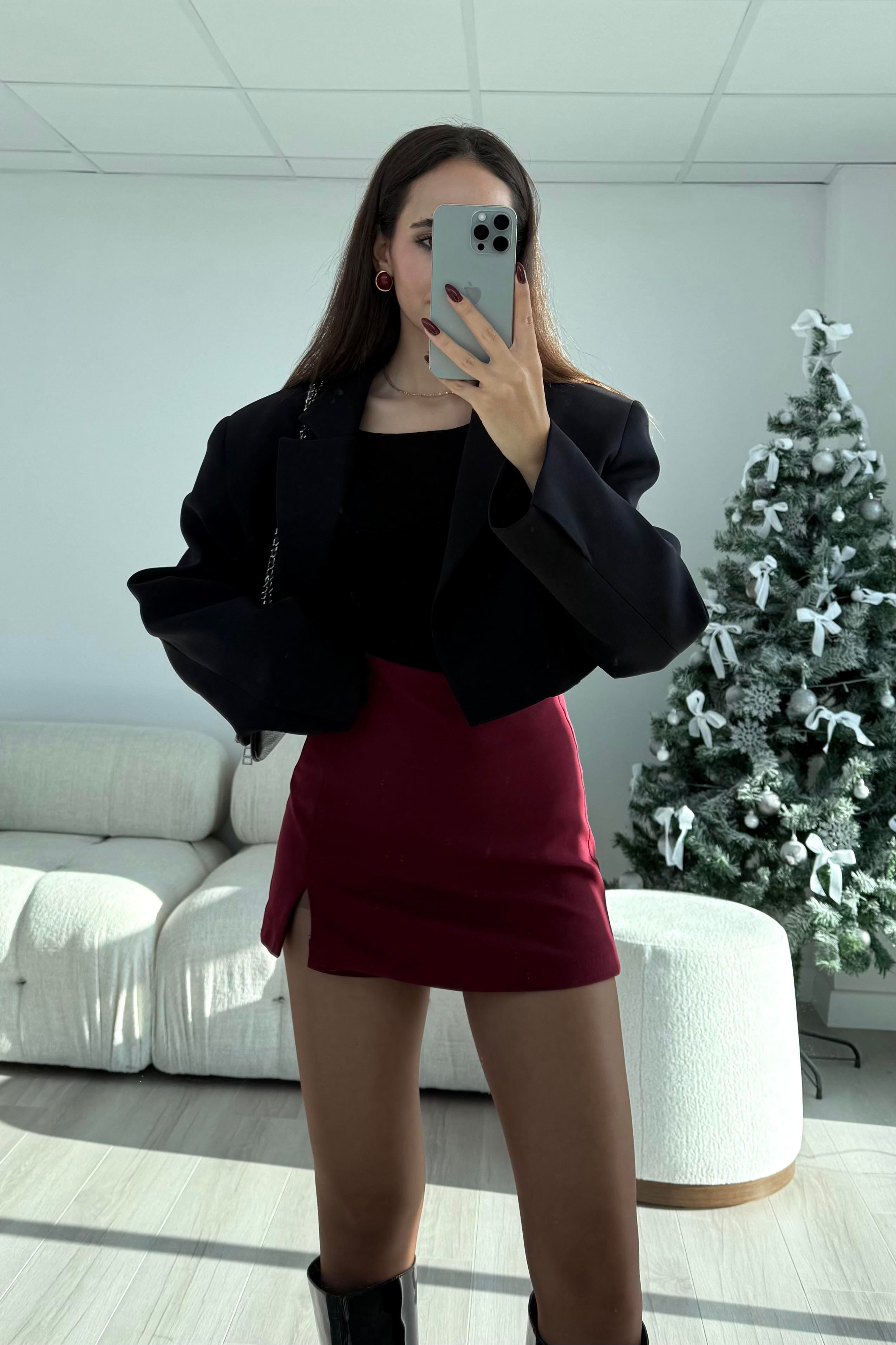 Bordo Tek Yırtmaç Şort Etek - Kadın Skirts Modelleri - Nazliye Moda | Kadın Giyim Modası