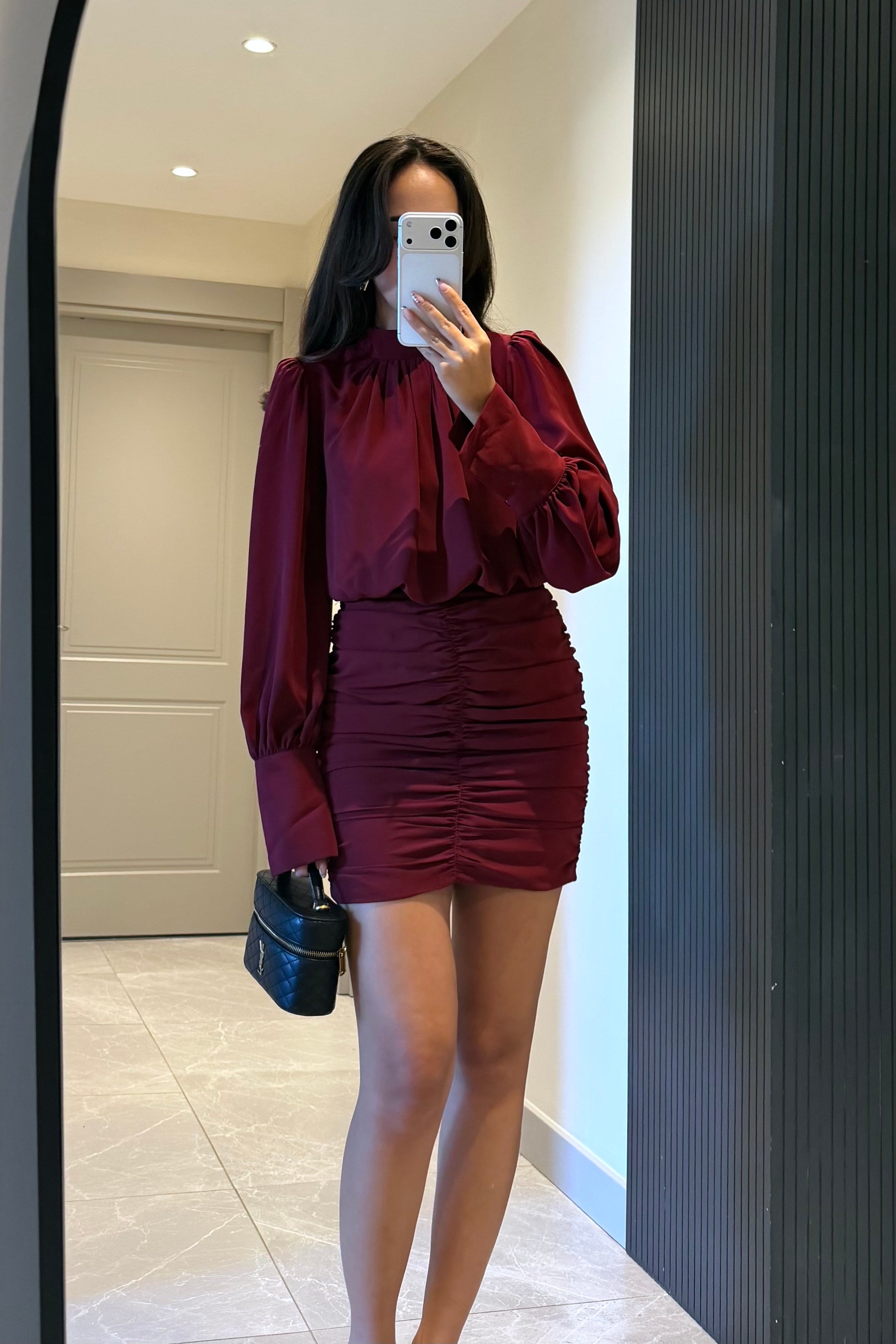 Bordo Uzun Kol Mini Elbise - Kadın Elbise Modelleri - Nazliye Moda | Kadın Giyim Modası