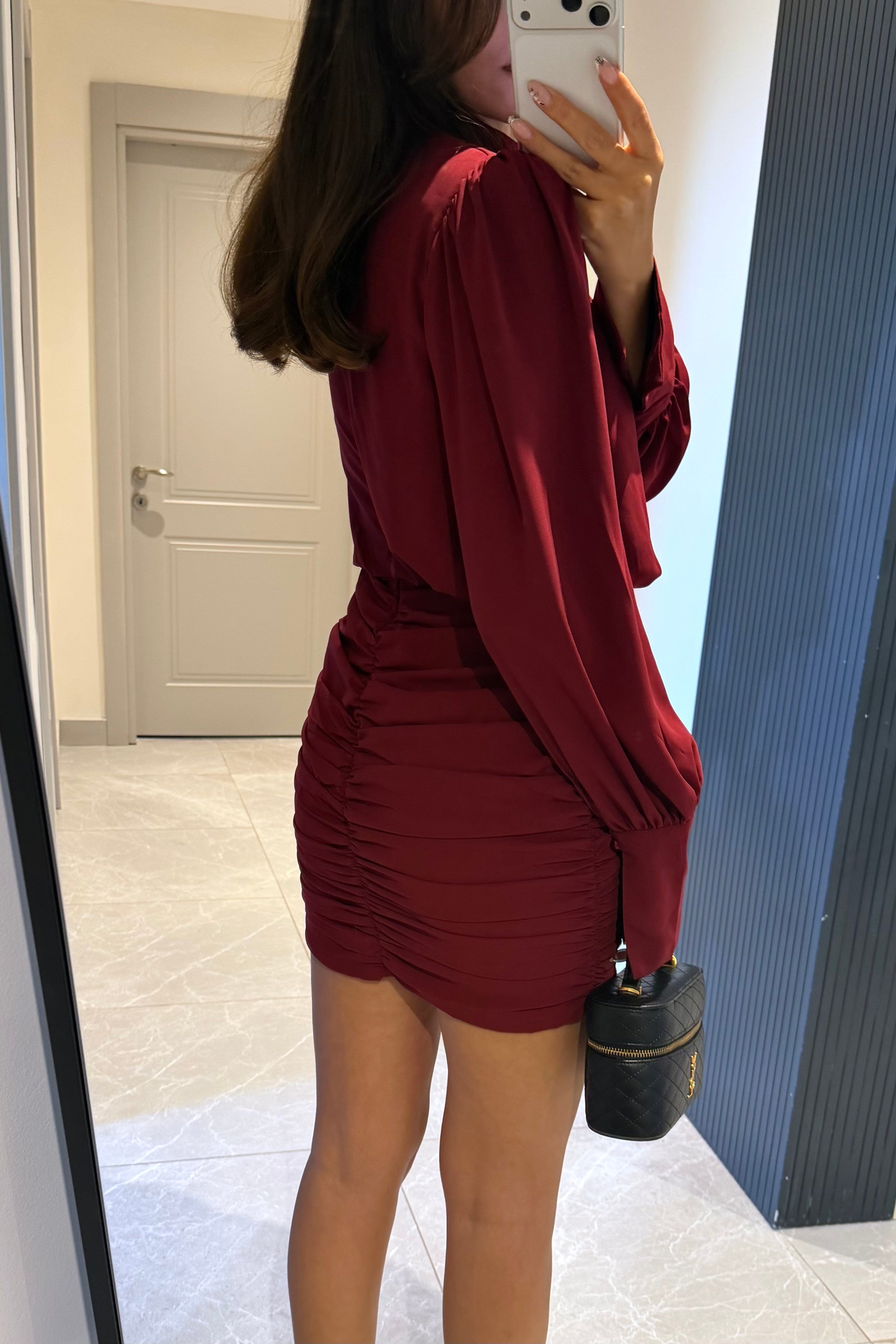 Bordo Uzun Kol Mini Elbise - Kadın Elbise Modelleri - Nazliye Moda | Kadın Giyim Modası