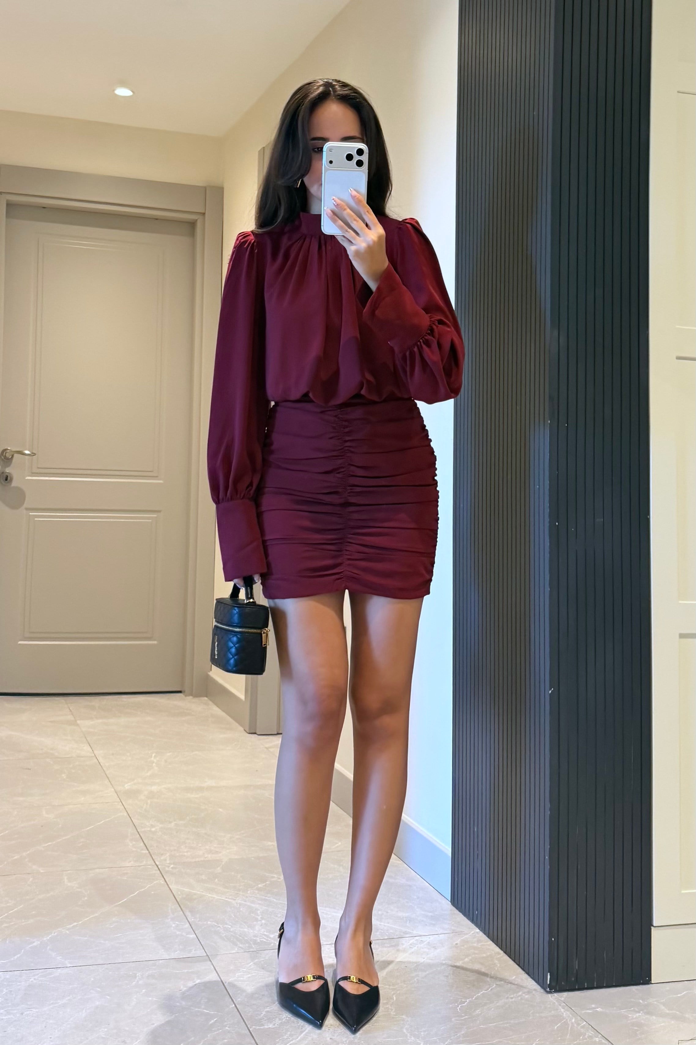 Bordo Uzun Kol Mini Elbise - Kadın Elbise Modelleri - Nazliye Moda | Kadın Giyim Modası