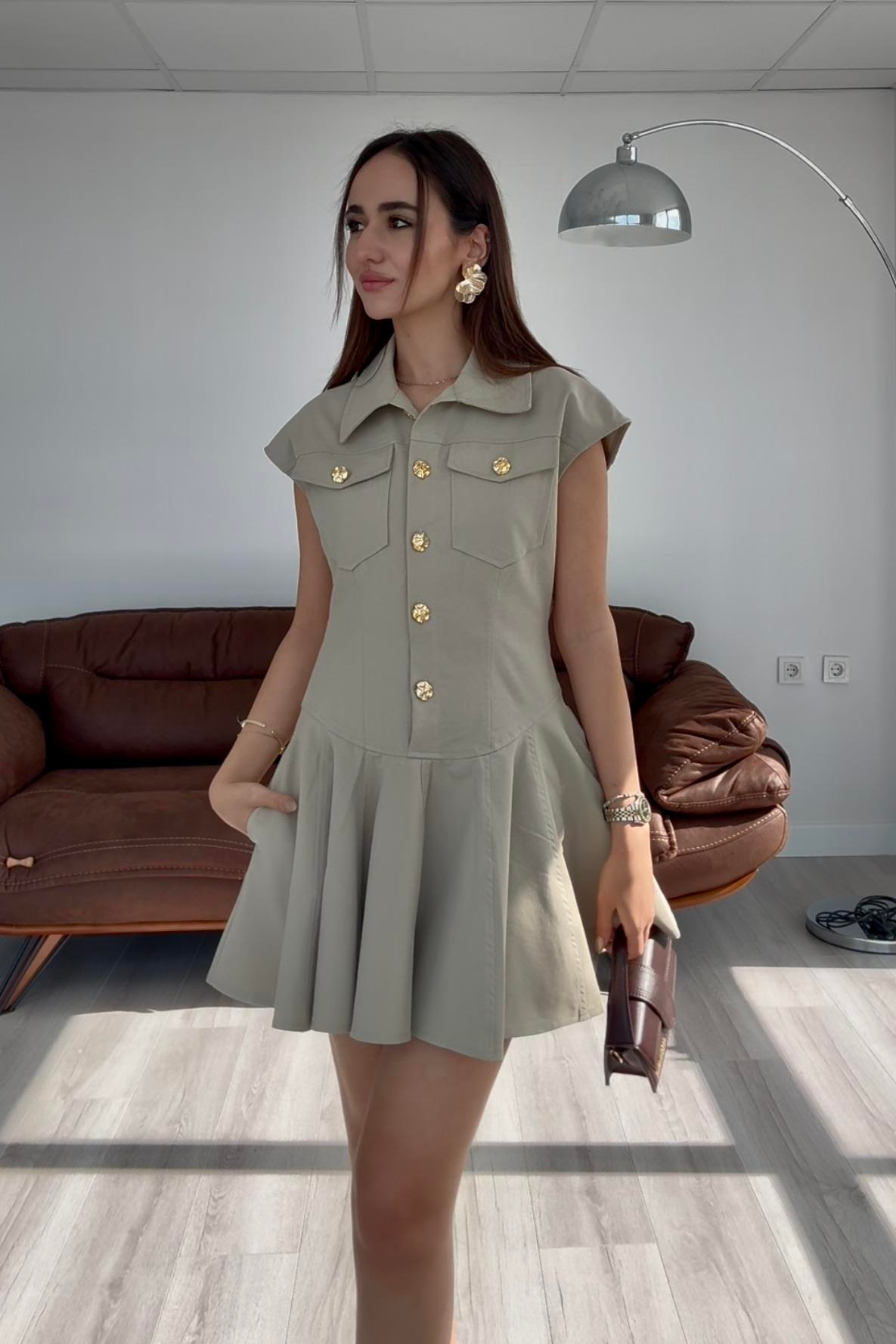 Çağla Yeşili Gold Düğmeli Elbise - Kadın Elbise Modelleri - Nazliye Moda | Kadın Giyim Modası