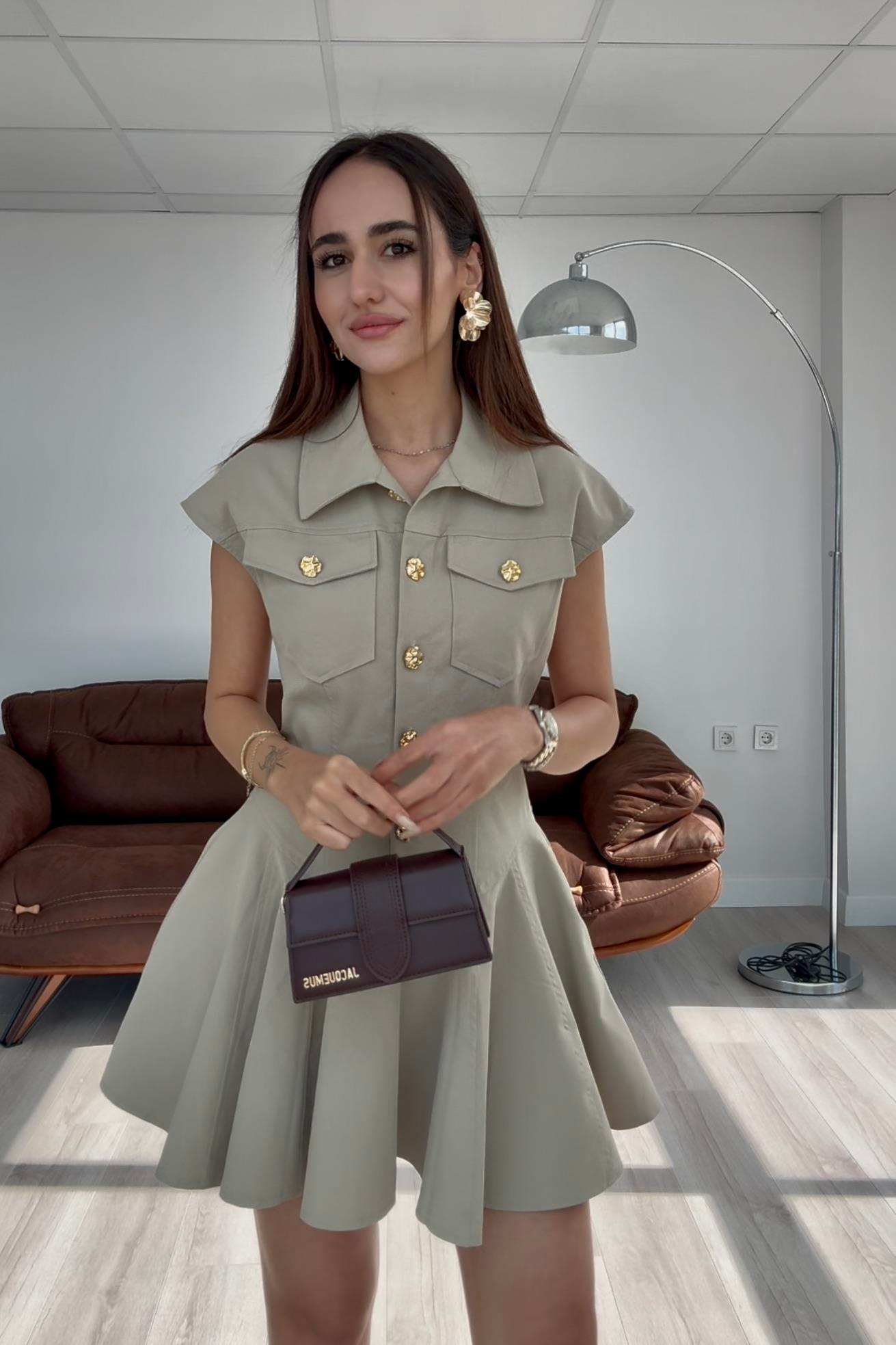 Çağla Yeşili Gold Düğmeli Elbise - Kadın Elbise Modelleri - Nazliye Moda | Kadın Giyim Modası