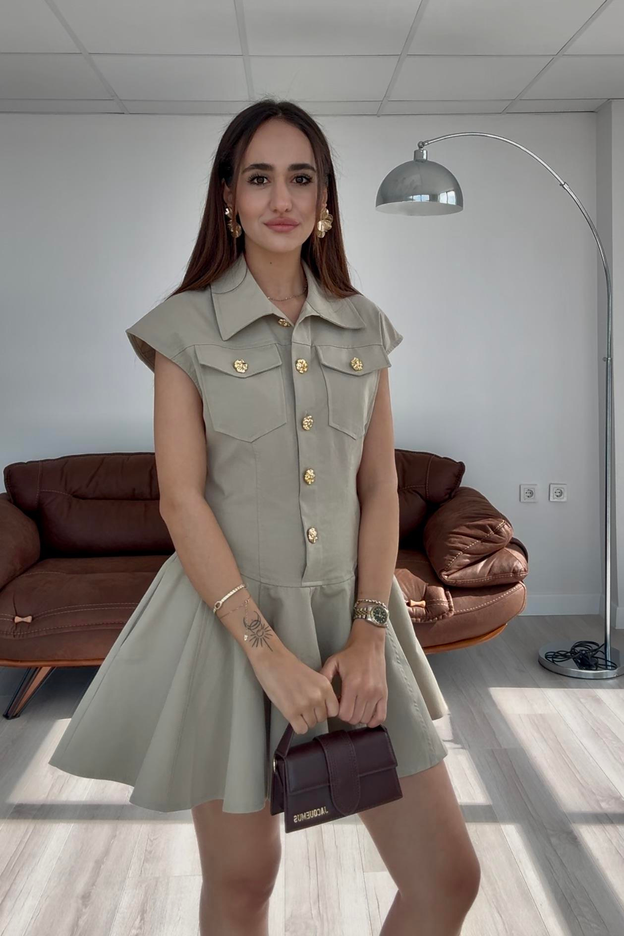 Çağla Yeşili Gold Düğmeli Elbise - Kadın Elbise Modelleri - Nazliye Moda | Kadın Giyim Modası