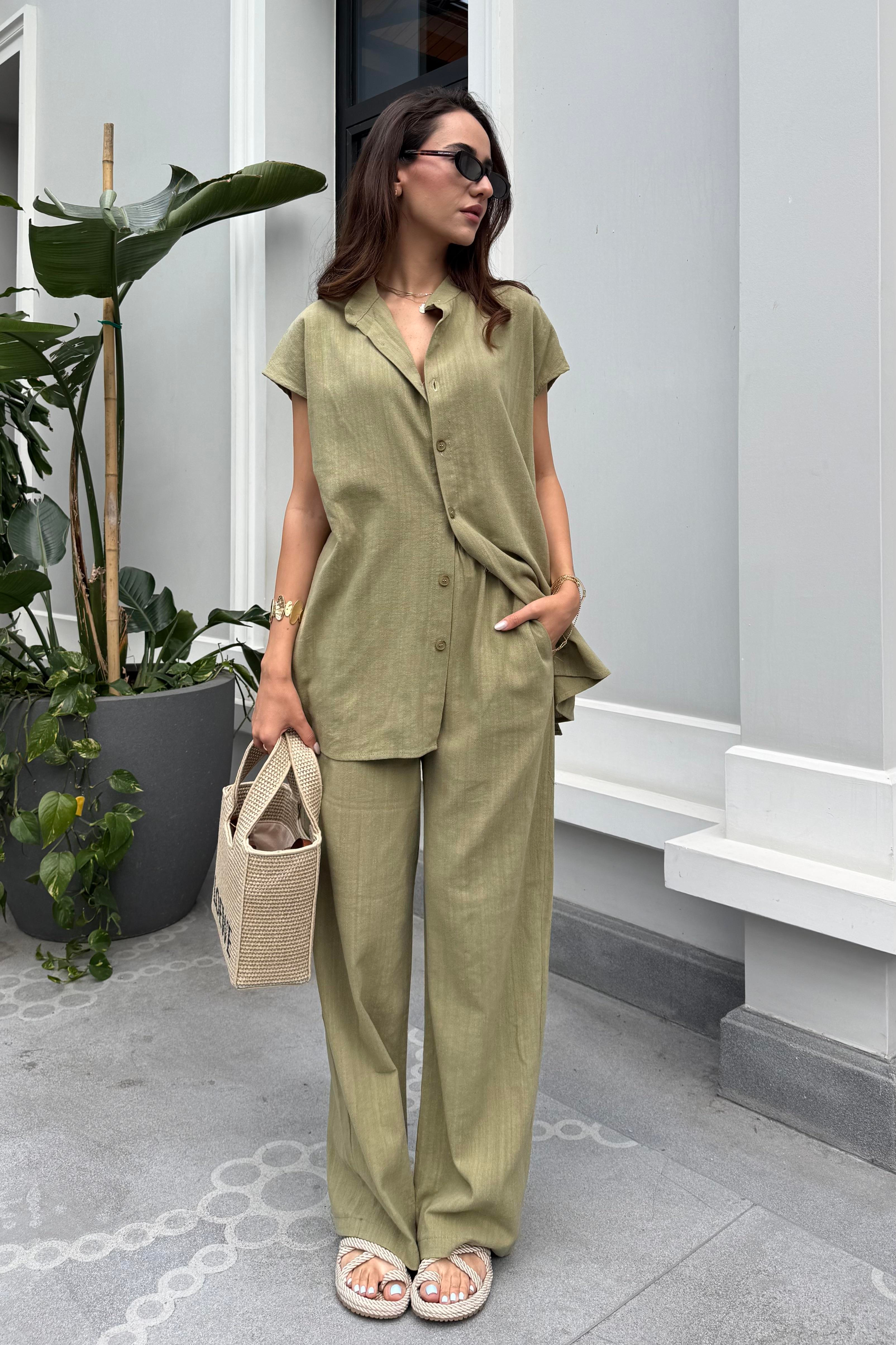 Çağla Yeşili Pantolon Gömlek Takım - Kadın Takım Modelleri - Nazliye Moda | Kadın Giyim Modası