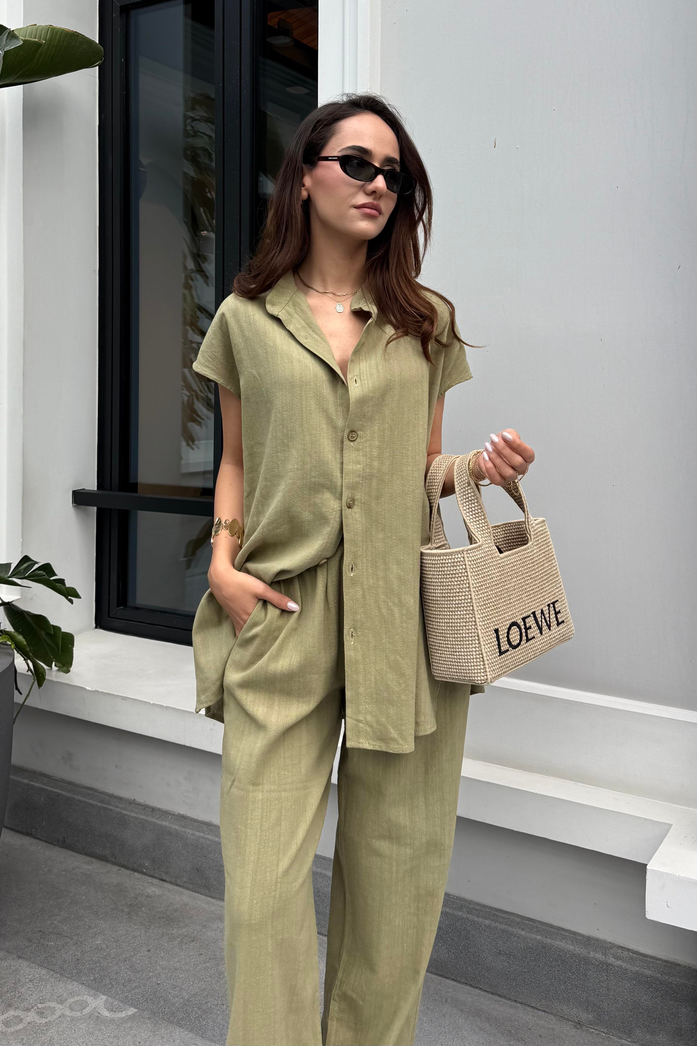 Çağla Yeşili Pantolon Gömlek Takım - Kadın Takım Modelleri - Nazliye Moda | Kadın Giyim Modası
