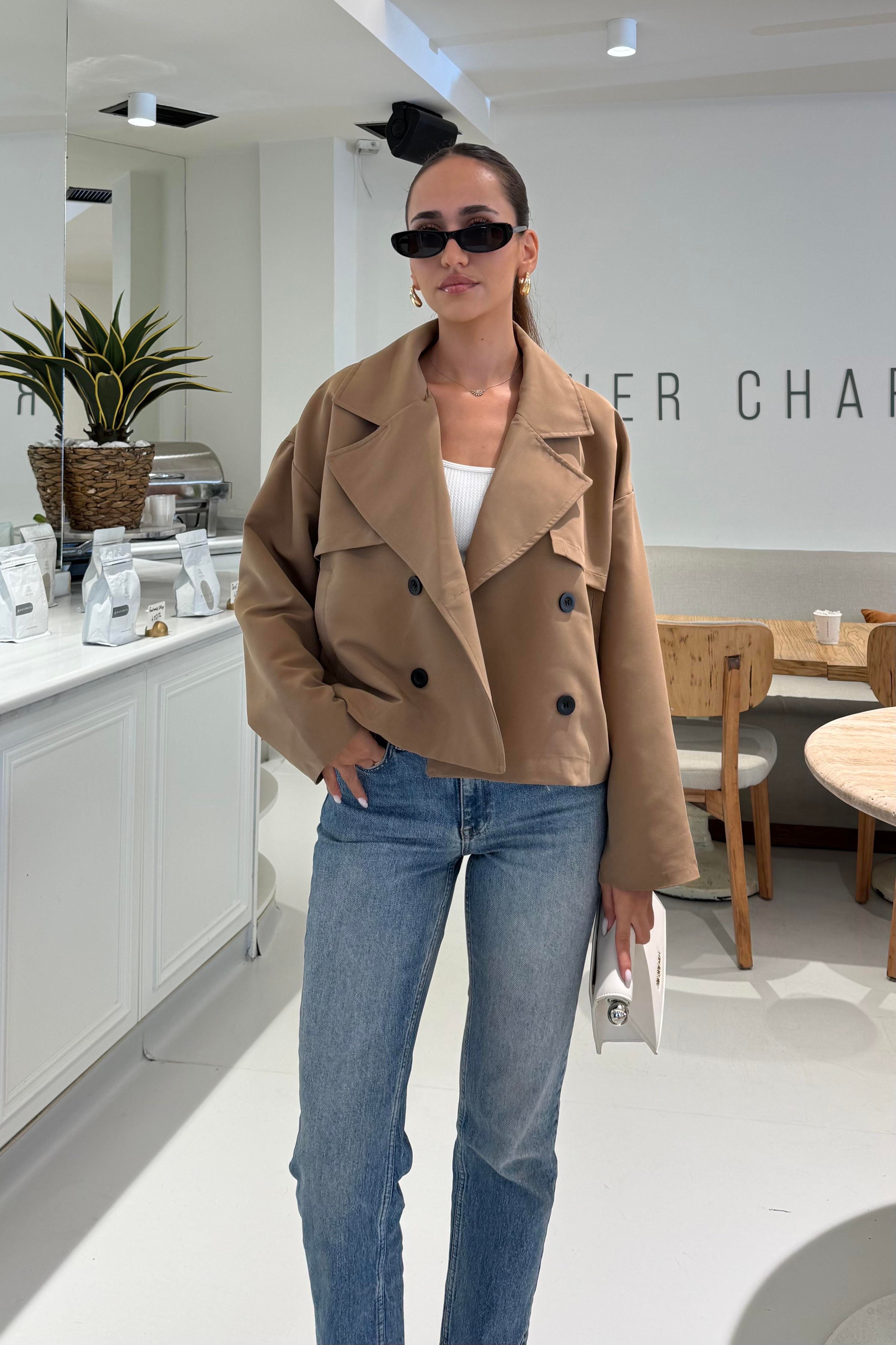 Camel Crop Trençkot - Kadın Trench Coats Modelleri - Nazliye Moda | Kadın Giyim Modası