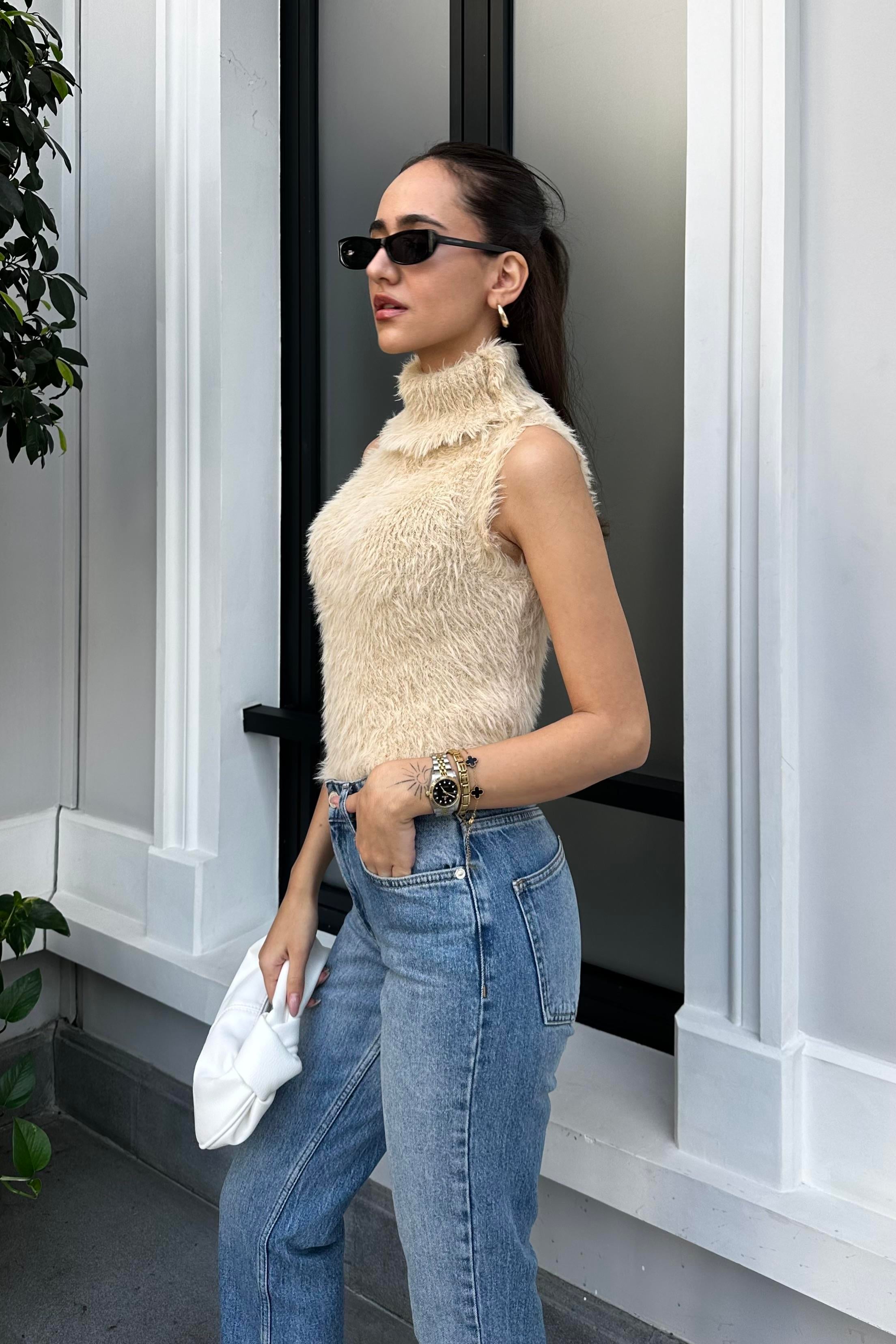 Camel Kolsuz Peluş Triko - Kadın Tricots & Sweaters Modelleri - Nazliye Moda - Kadın Giyim Modası