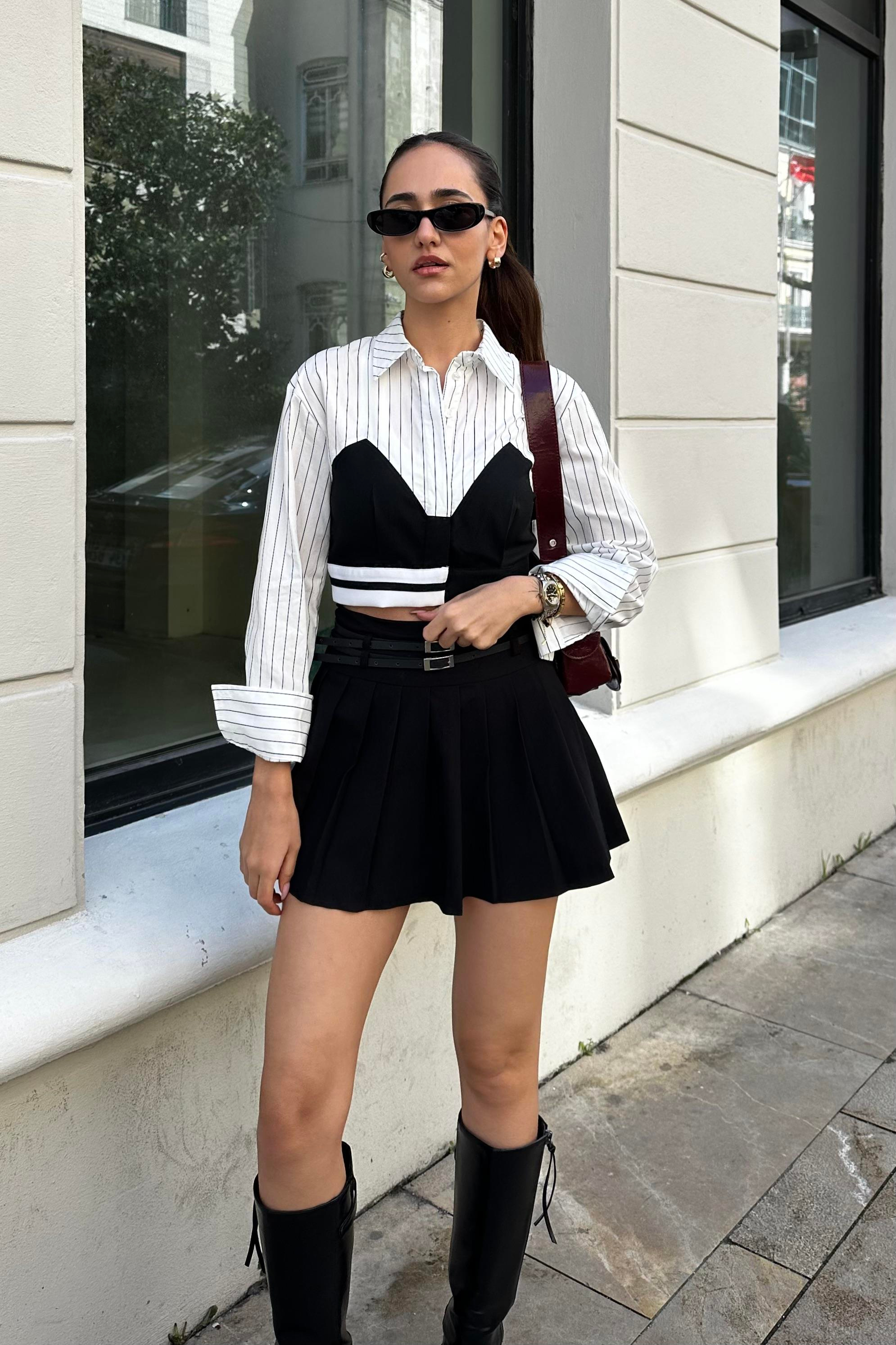 Çizgili Tasarım Crop Gömlek - Kadın Shirts Modelleri - Nazliye Moda - Kadın Giyim Modası