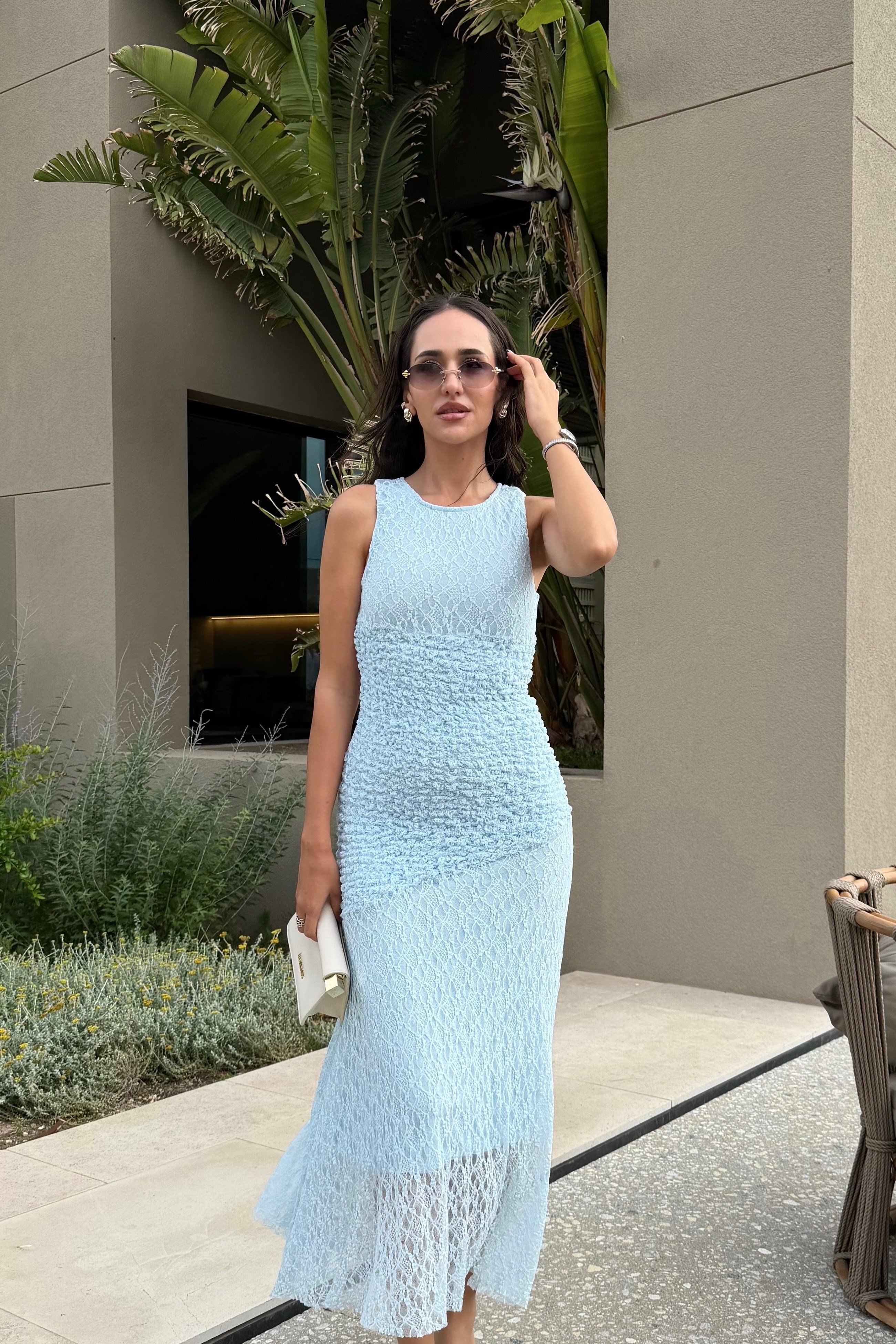 Dantelli Bebe Mavisi Uzun Elbise - Kadın Elbise Modelleri - Nazliye Moda | Kadın Giyim Modası