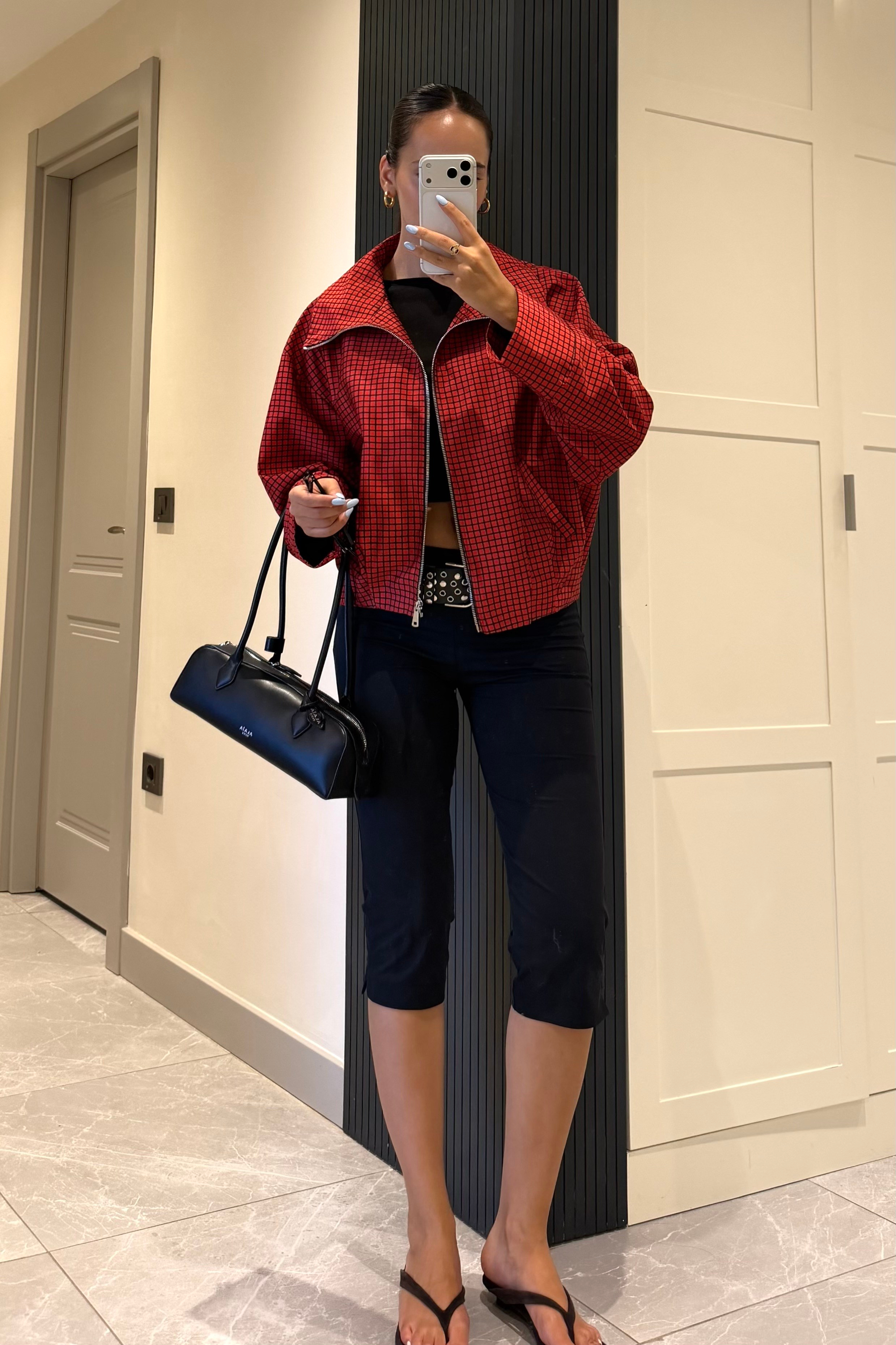 Ekose Kırmızı Mevsimlik Bomber Ceket - Kadın Ceket Modelleri - Nazliye Moda | Kadın Giyim Modası