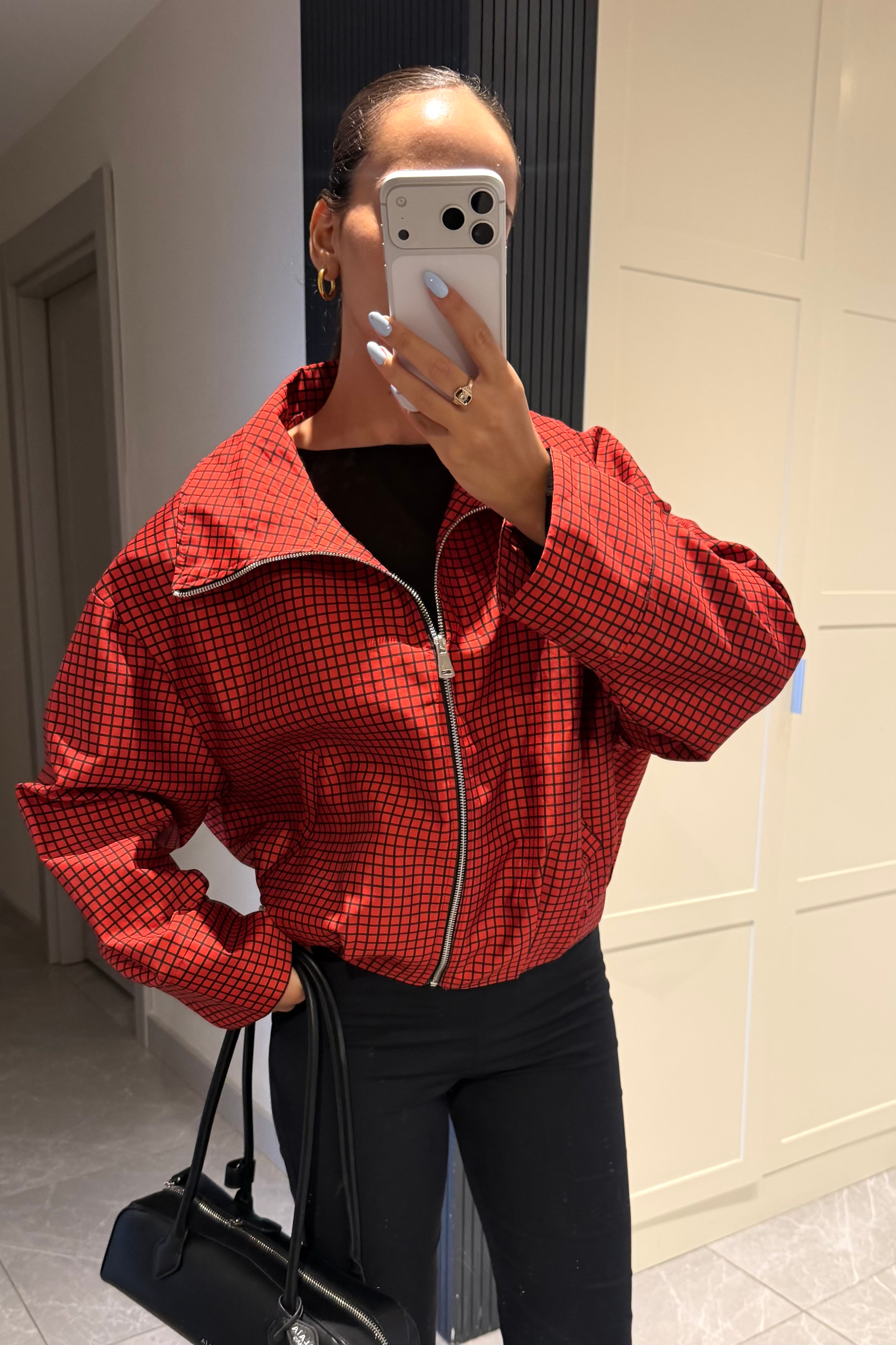 Ekose Kırmızı Mevsimlik Bomber Ceket - Kadın Ceket Modelleri - Nazliye Moda | Kadın Giyim Modası