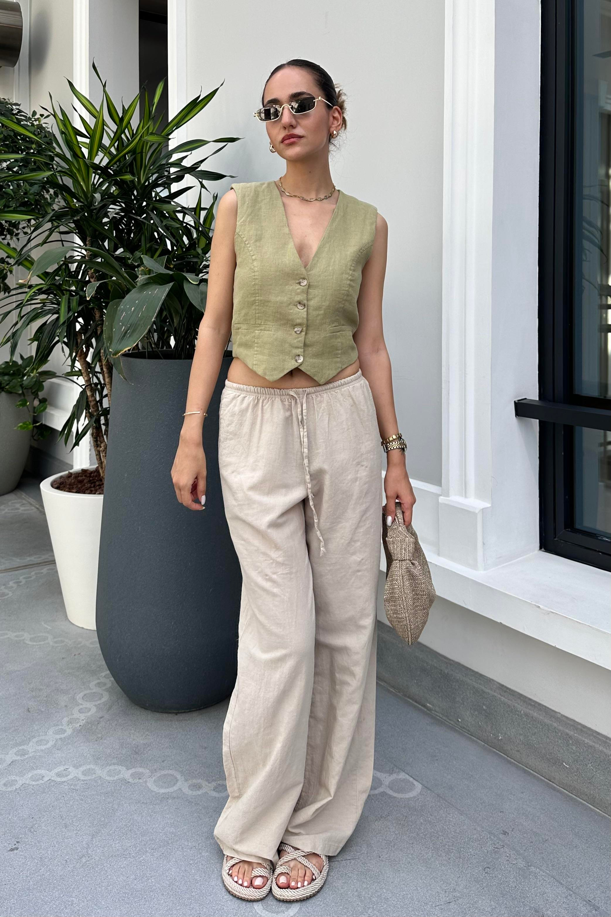 Ekru Bağcıklı Keten Pantolon - Kadın Takım Modelleri - Nazliye Moda - Kadın Giyim Modası