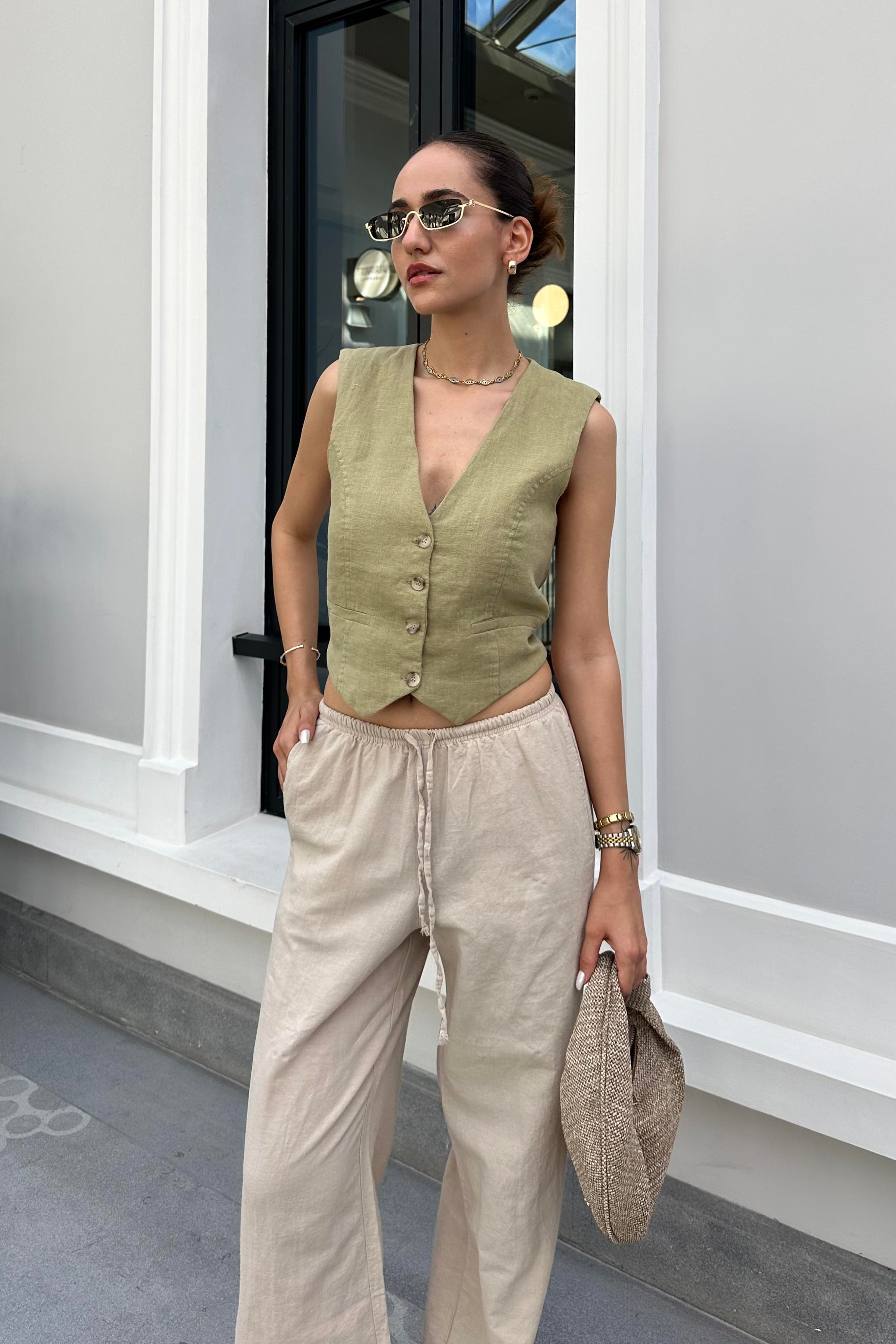 Ekru Bağcıklı Keten Pantolon - Kadın Takım Modelleri - Nazliye Moda - Kadın Giyim Modası