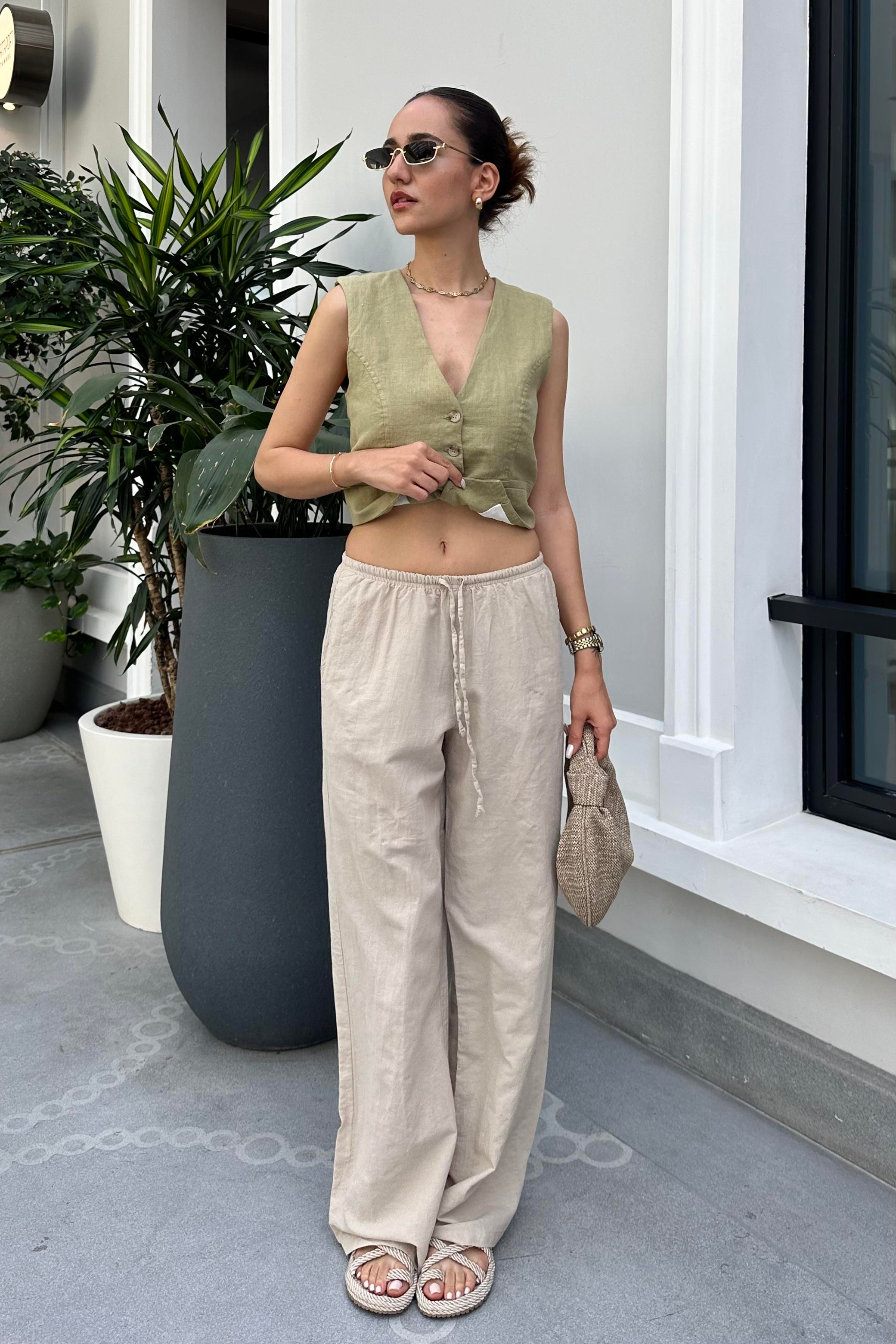 Ekru Bağcıklı Keten Pantolon - Kadın Takım Modelleri - Nazliye Moda - Kadın Giyim Modası