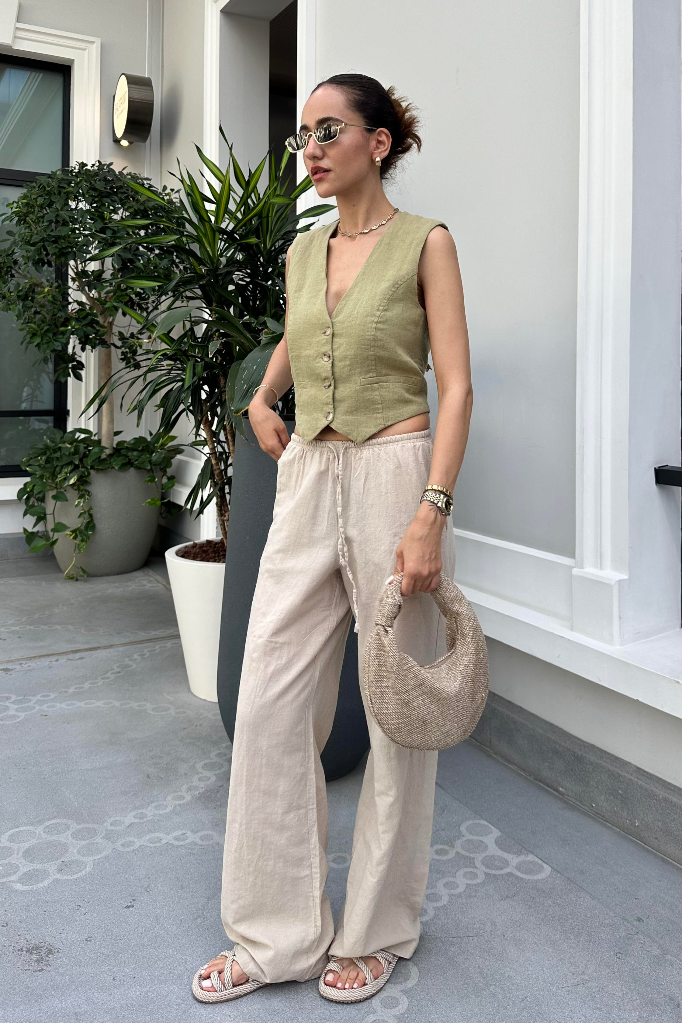 Ekru Bağcıklı Keten Pantolon - Kadın Takım Modelleri - Nazliye Moda - Kadın Giyim Modası