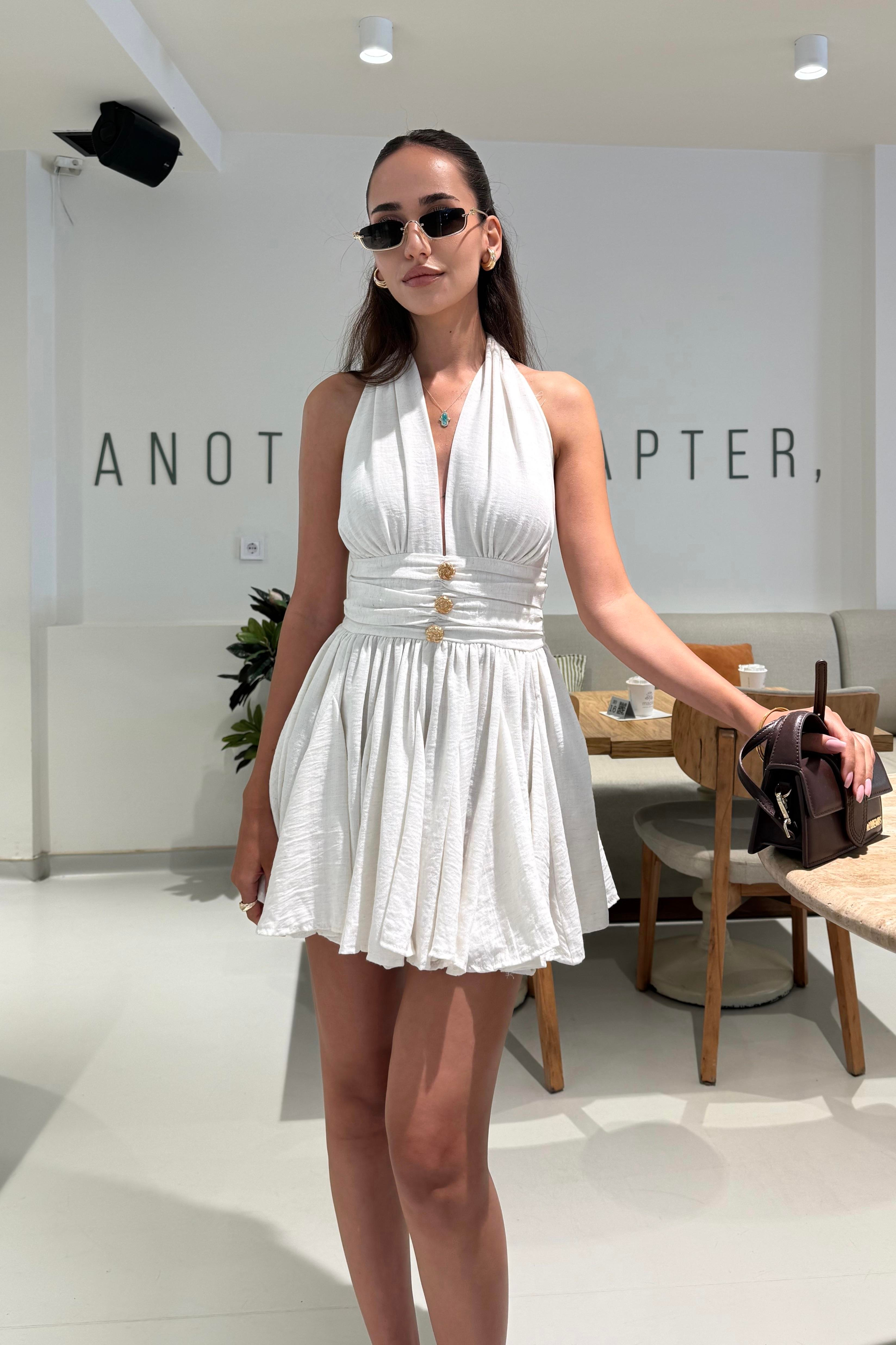 Ekru Boyundan Bağlama Mini Elbise - Kadın Elbise Modelleri - Nazliye Moda | Kadın Giyim Modası