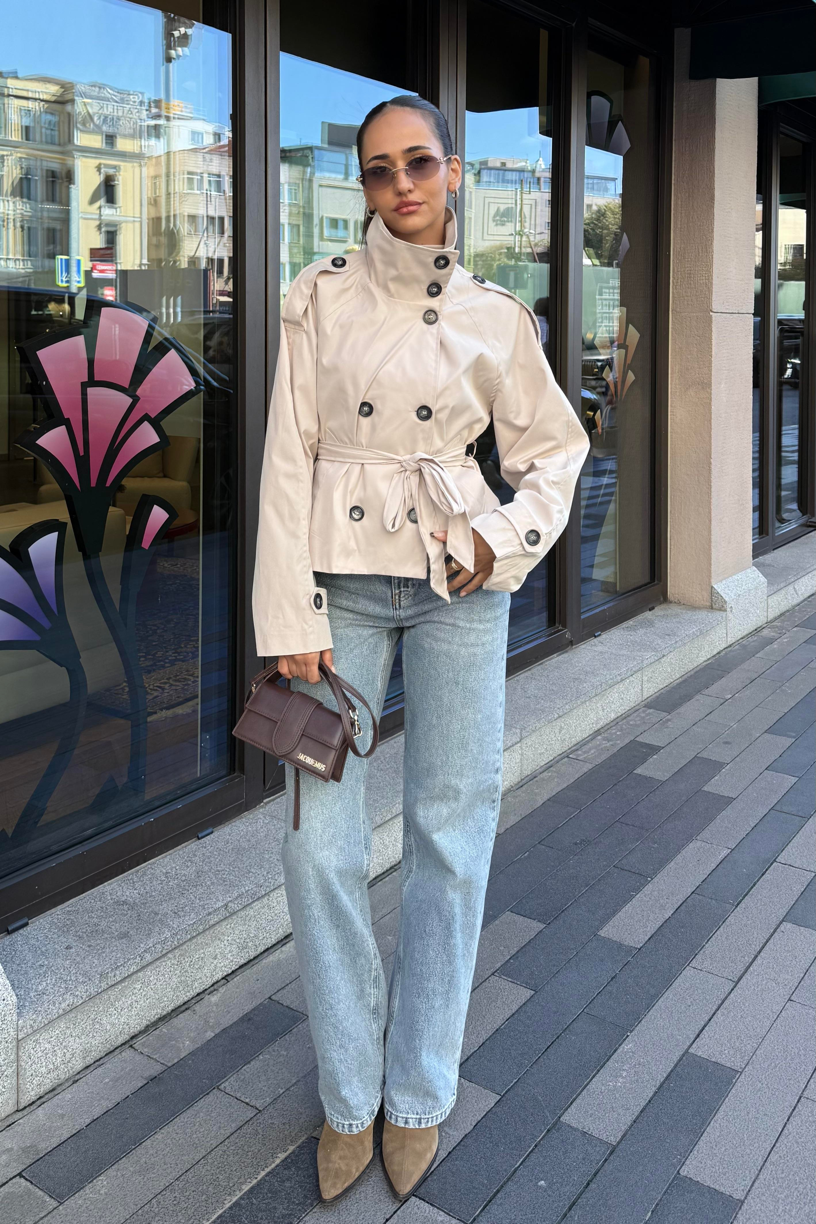 Ekru Dik Yaka Midi Trençkot - Kadın Trench Coats Modelleri - Nazliye Moda | Kadın Giyim Modası