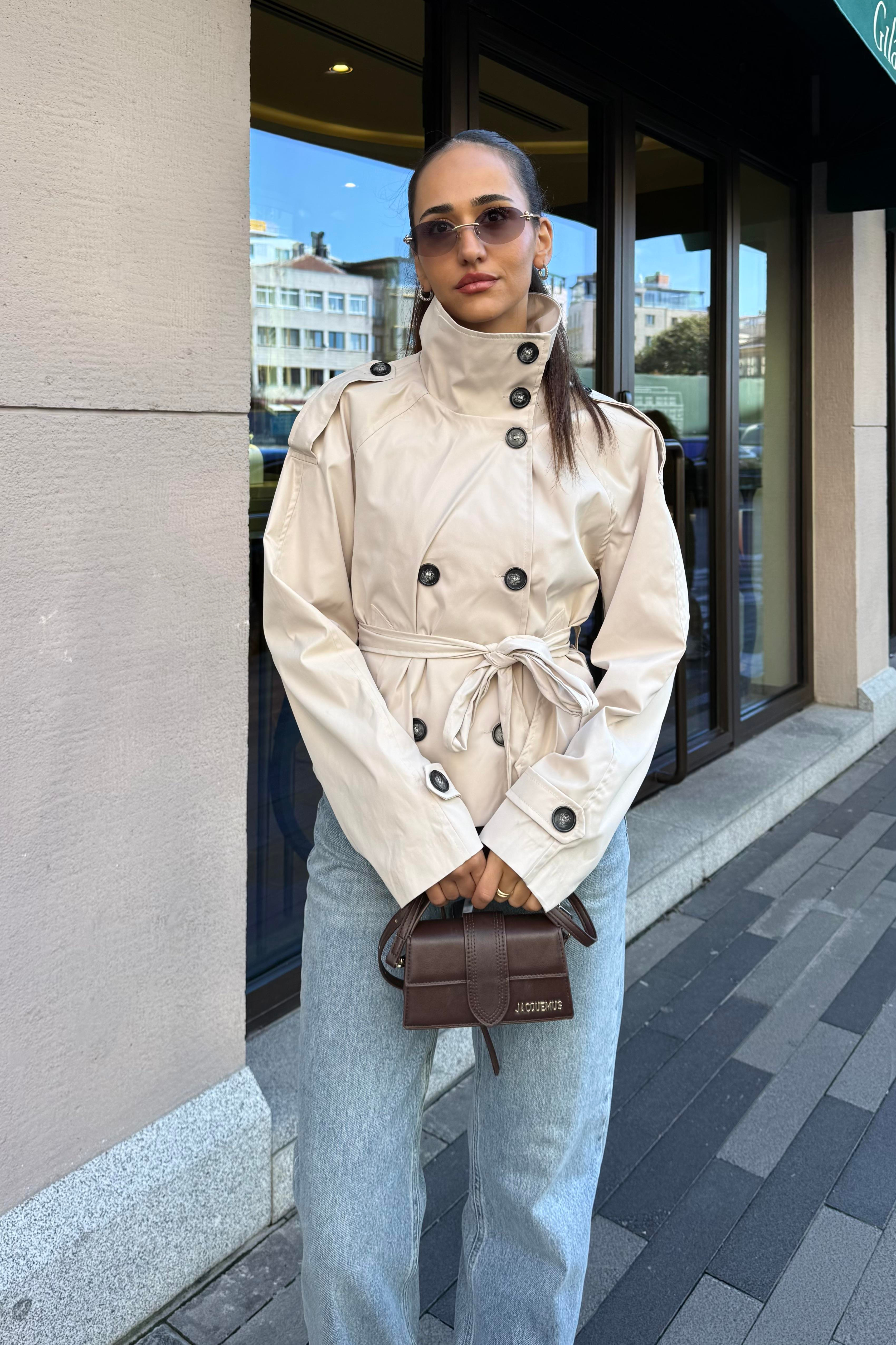 Ekru Dik Yaka Midi Trençkot - Kadın Trench Coats Modelleri - Nazliye Moda | Kadın Giyim Modası