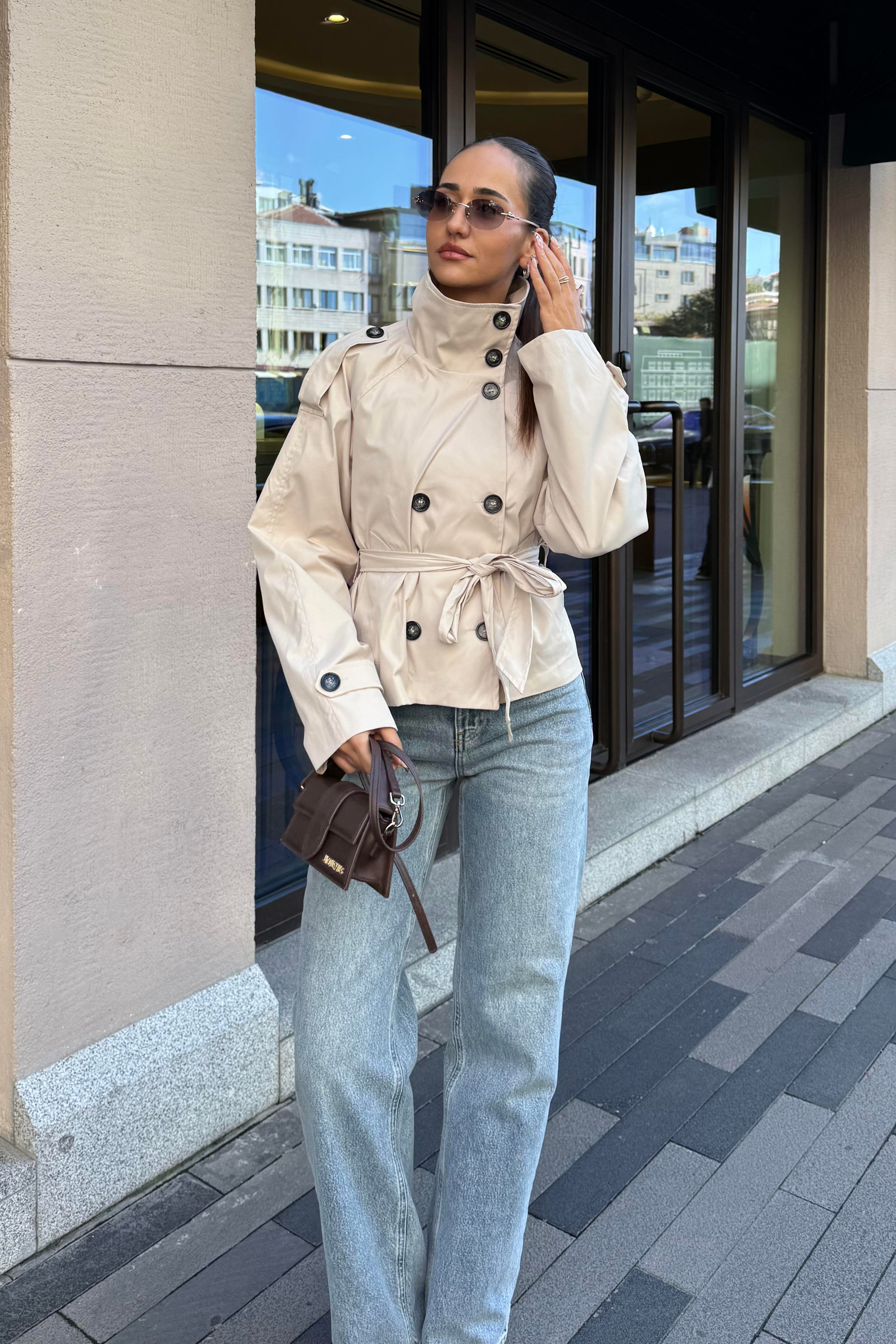 Ekru Dik Yaka Midi Trençkot - Kadın Trench Coats Modelleri - Nazliye Moda | Kadın Giyim Modası