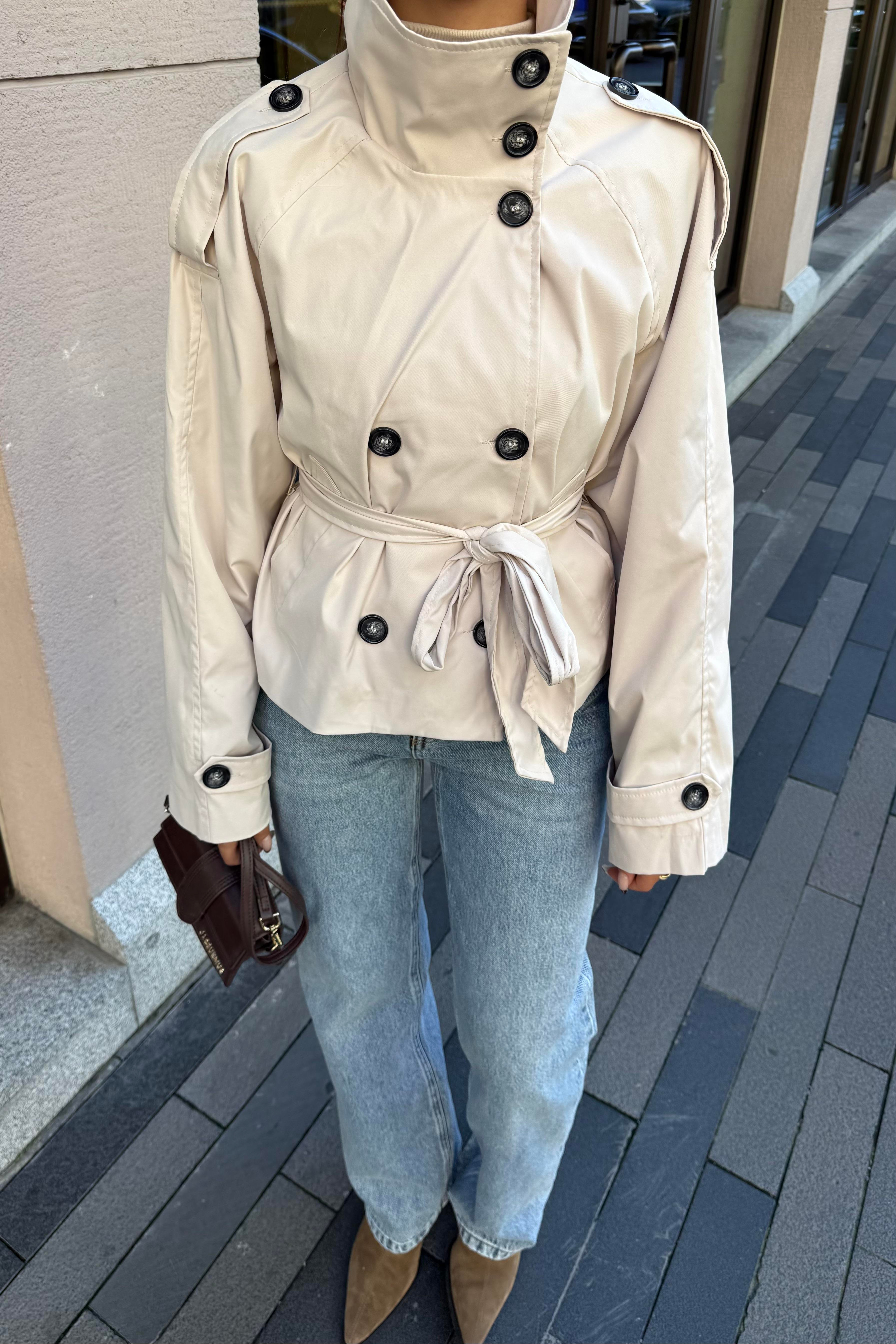 Ekru Dik Yaka Midi Trençkot - Kadın Trench Coats Modelleri - Nazliye Moda | Kadın Giyim Modası