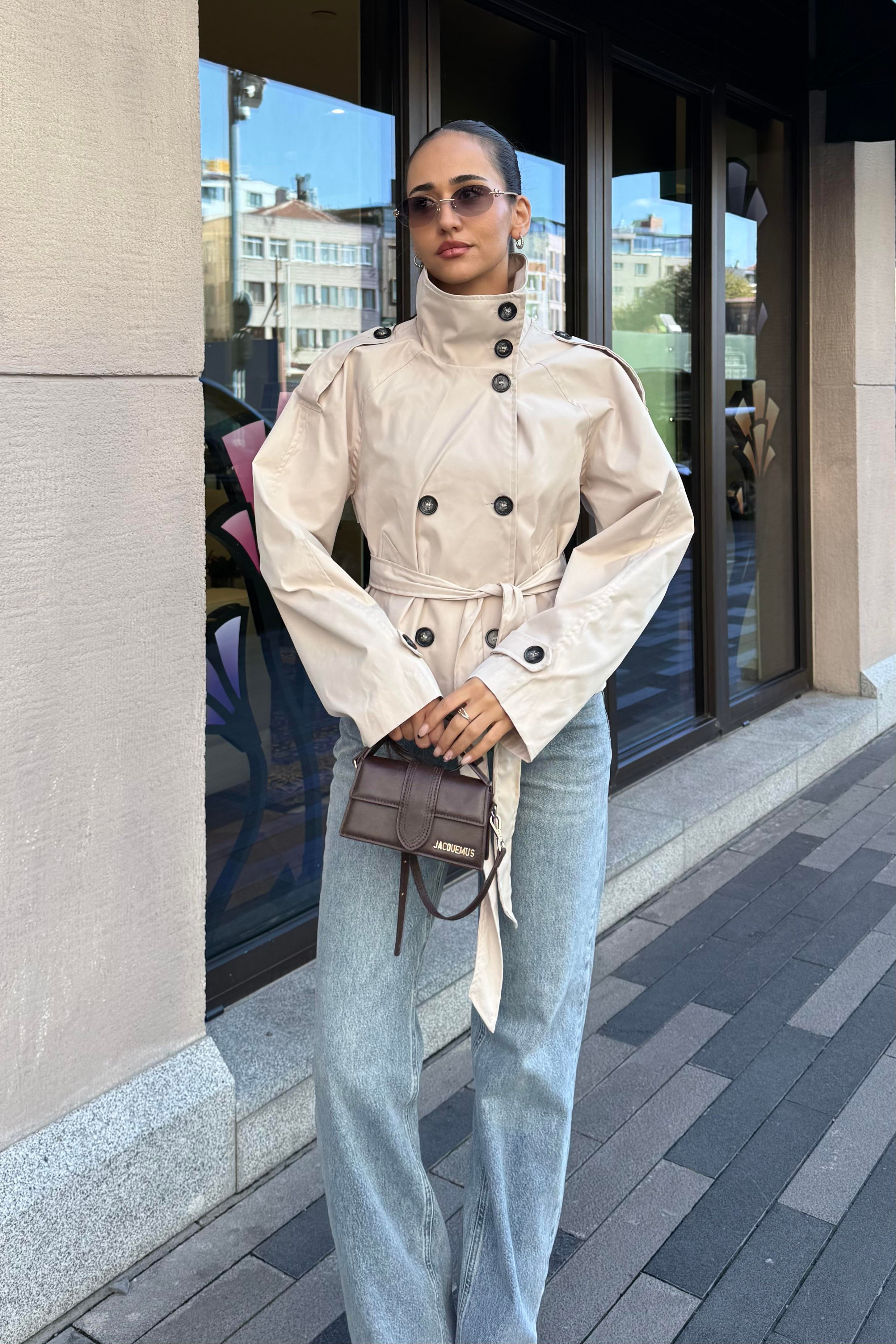 Ekru Dik Yaka Midi Trençkot - Kadın Trench Coats Modelleri - Nazliye Moda | Kadın Giyim Modası